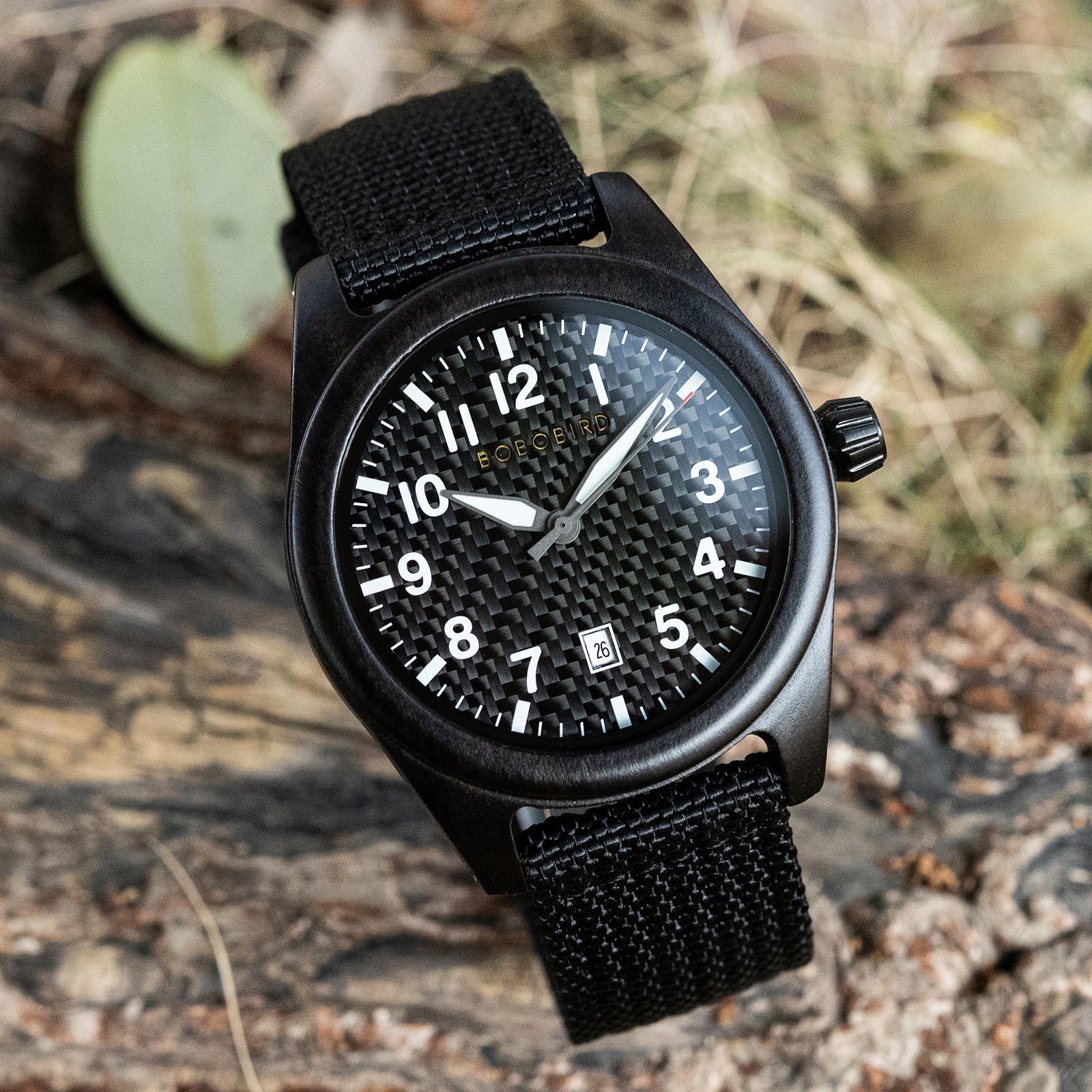 DREWNIANY ZEGAREK MĘSKI BOBO BIRD T165-2 ELEGANCKI NYLONOWY PASEK PUDEŁKO 5