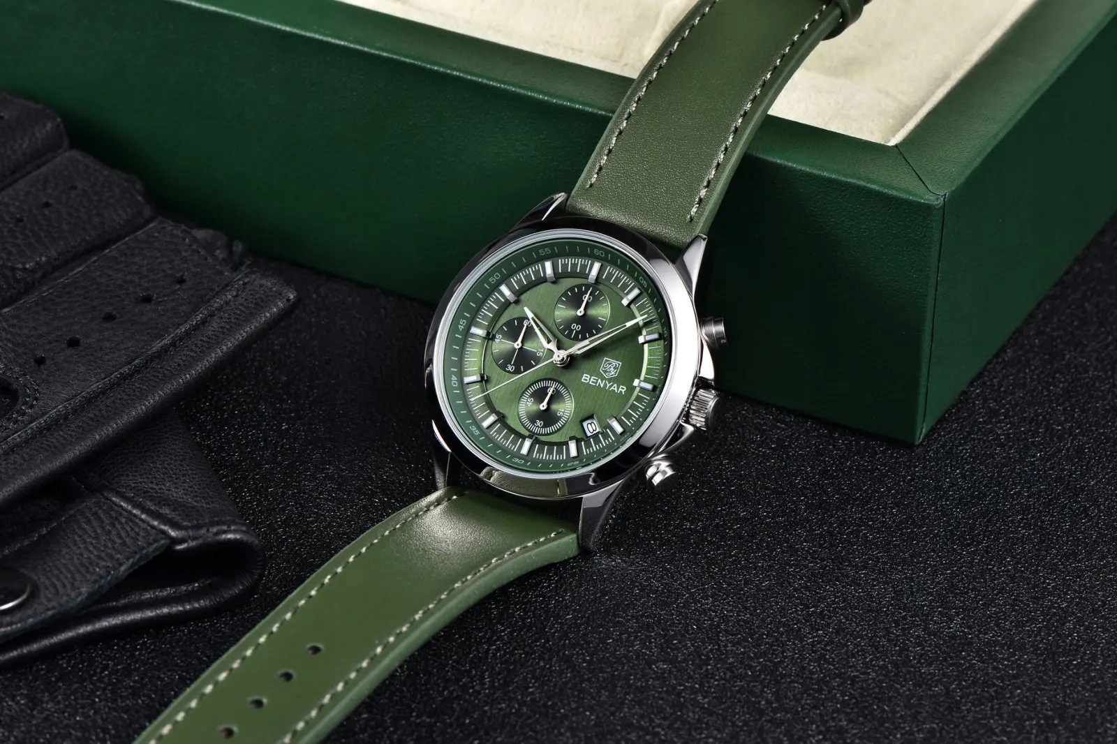 CZARNY ZEGAREK MĘSKI BENYAR NA SKÓRZANYM PASKU ELEGANCKI CHRONOGRAF PUDEŁKO 7 CZARNY ZEGAREK MĘSKI BENYAR NA SKÓRZANYM PASKU ELEGANCKI CHRONOGRAF PUDEŁKO 7