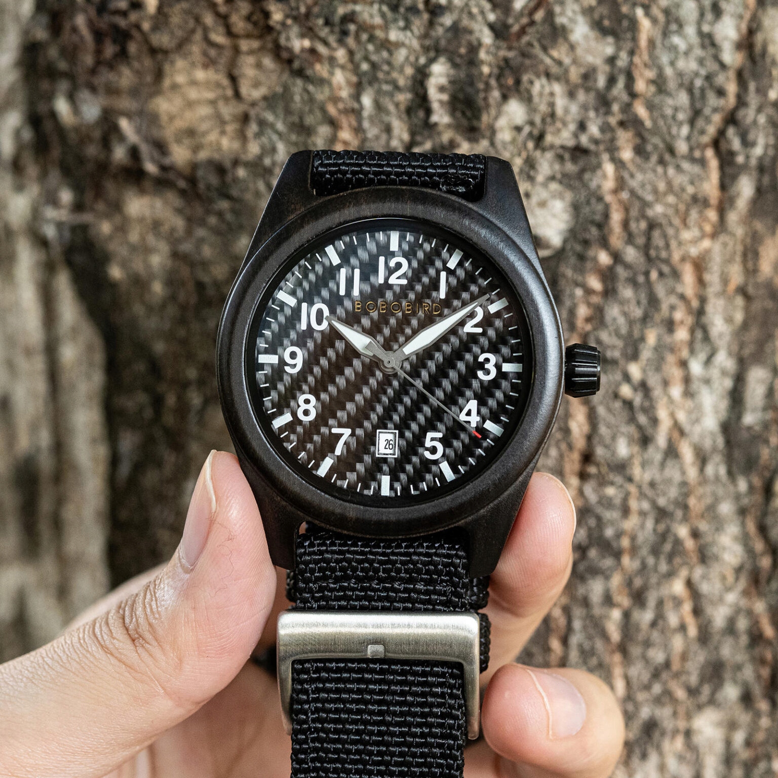 DREWNIANY ZEGAREK MĘSKI BOBO BIRD T165-2 ELEGANCKI NYLONOWY PASEK PUDEŁKO 8