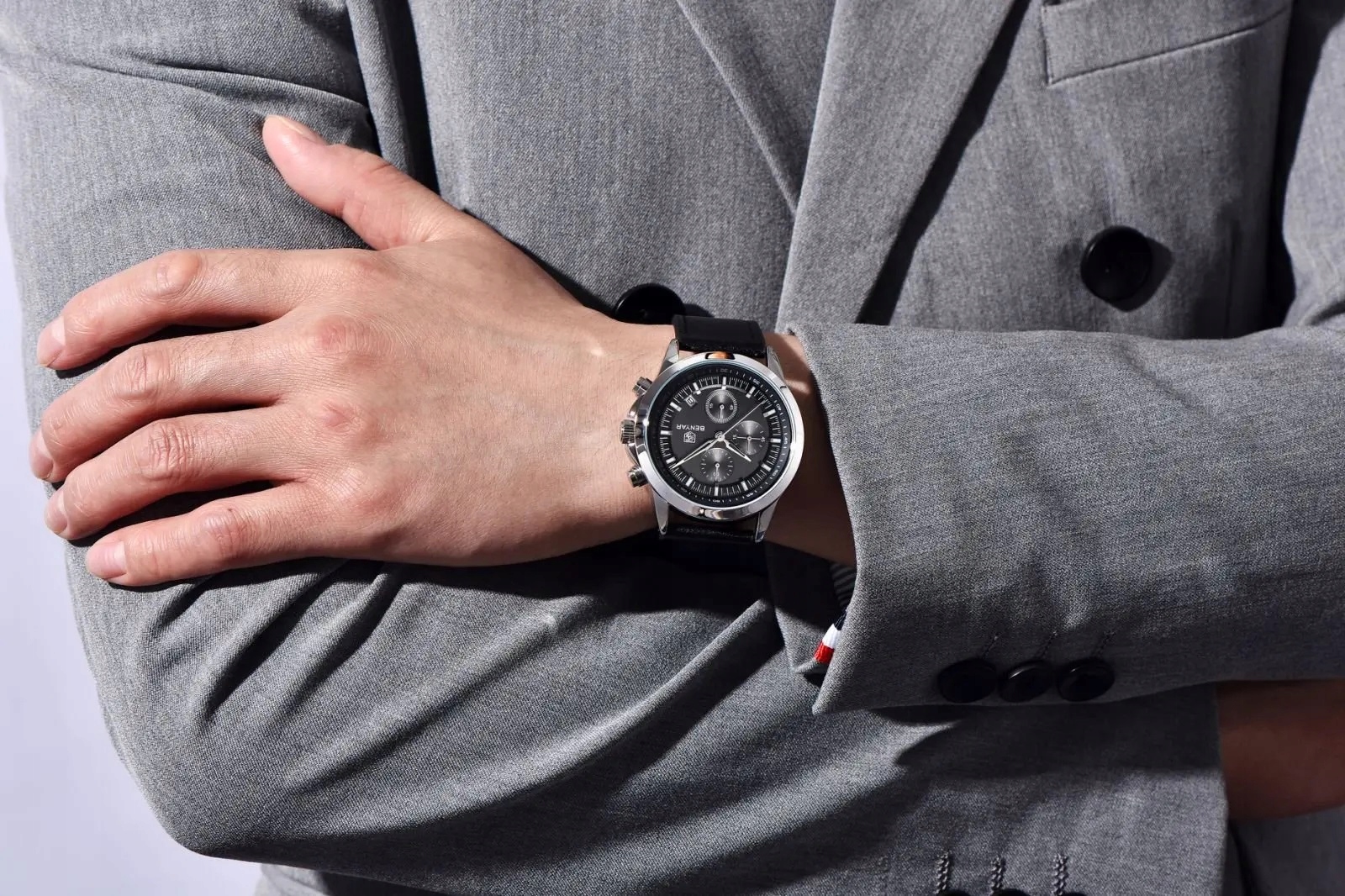 CZARNY ZEGAREK MĘSKI BENYAR NA SKÓRZANYM PASKU ELEGANCKI CHRONOGRAF PUDEŁKO 12 CZARNY ZEGAREK MĘSKI BENYAR NA SKÓRZANYM PASKU ELEGANCKI CHRONOGRAF PUDEŁKO 12