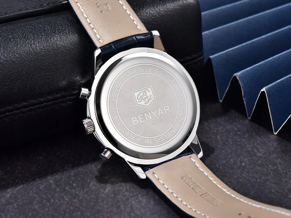 CZARNY ZEGAREK MĘSKI BENYAR NA SKÓRZANYM PASKU DATOWNIK CHRONOGRAF PUDEŁKO 16