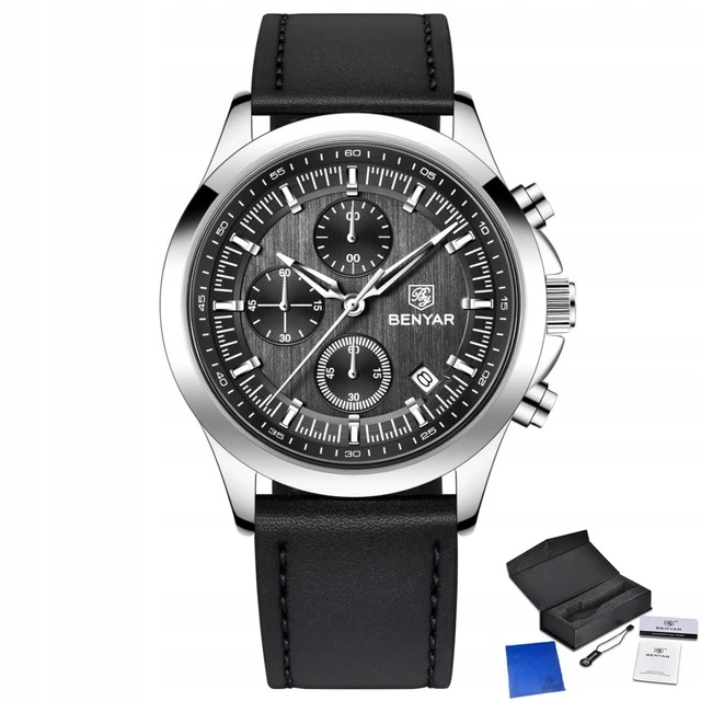 CZARNY ZEGAREK MĘSKI BENYAR NA SKÓRZANYM PASKU ELEGANCKI CHRONOGRAF PUDEŁKO 6 CZARNY ZEGAREK MĘSKI BENYAR NA SKÓRZANYM PASKU ELEGANCKI CHRONOGRAF PUDEŁKO 6