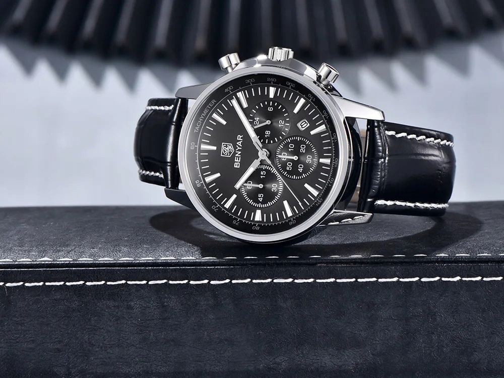 CZARNY ZEGAREK MĘSKI BENYAR NA SKÓRZANYM PASKU DATOWNIK CHRONOGRAF PUDEŁKO 13