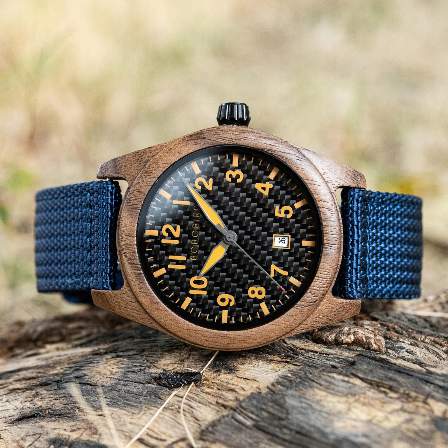 DREWNIANY ZEGAREK MĘSKI BOBO BIRD T165-2 ELEGANCKI NYLONOWY PASEK PUDEŁKO 10