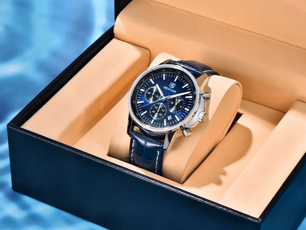 NIEBIESKI ZEGAREK MĘSKI BENYAR SKÓRZANY PASKEK DATOWNIK CHRONOGRAF PUDEŁKO 11 NIEBIESKI ZEGAREK MĘSKI BENYAR SKÓRZANY PASKEK DATOWNIK CHRONOGRAF PUDEŁKO 11