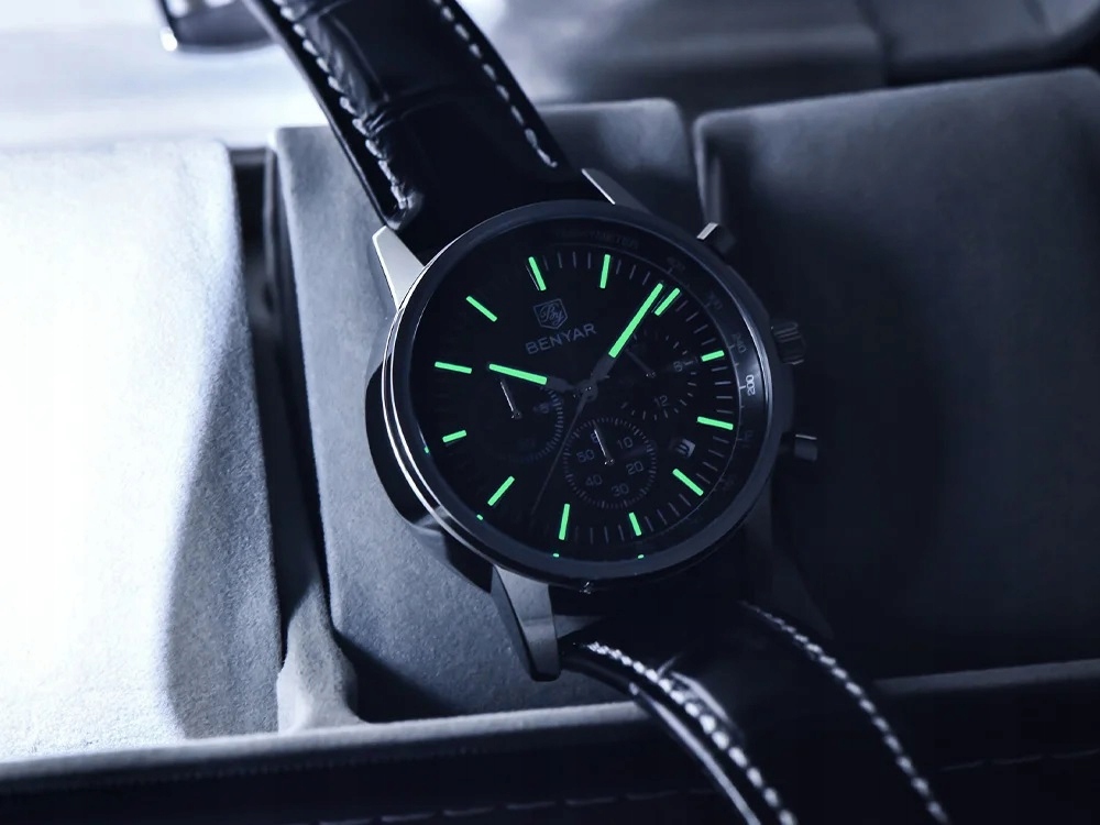 CZARNY ZEGAREK MĘSKI BENYAR NA SKÓRZANYM PASKU DATOWNIK CHRONOGRAF PUDEŁKO 14