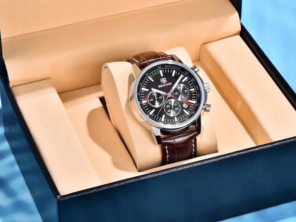 BRĄZOWY ZEGAREK MĘSKI BENYAR NA SKÓRZANYM PASKU DATOWNIK CHRONOGRAF PUDEŁKO 8