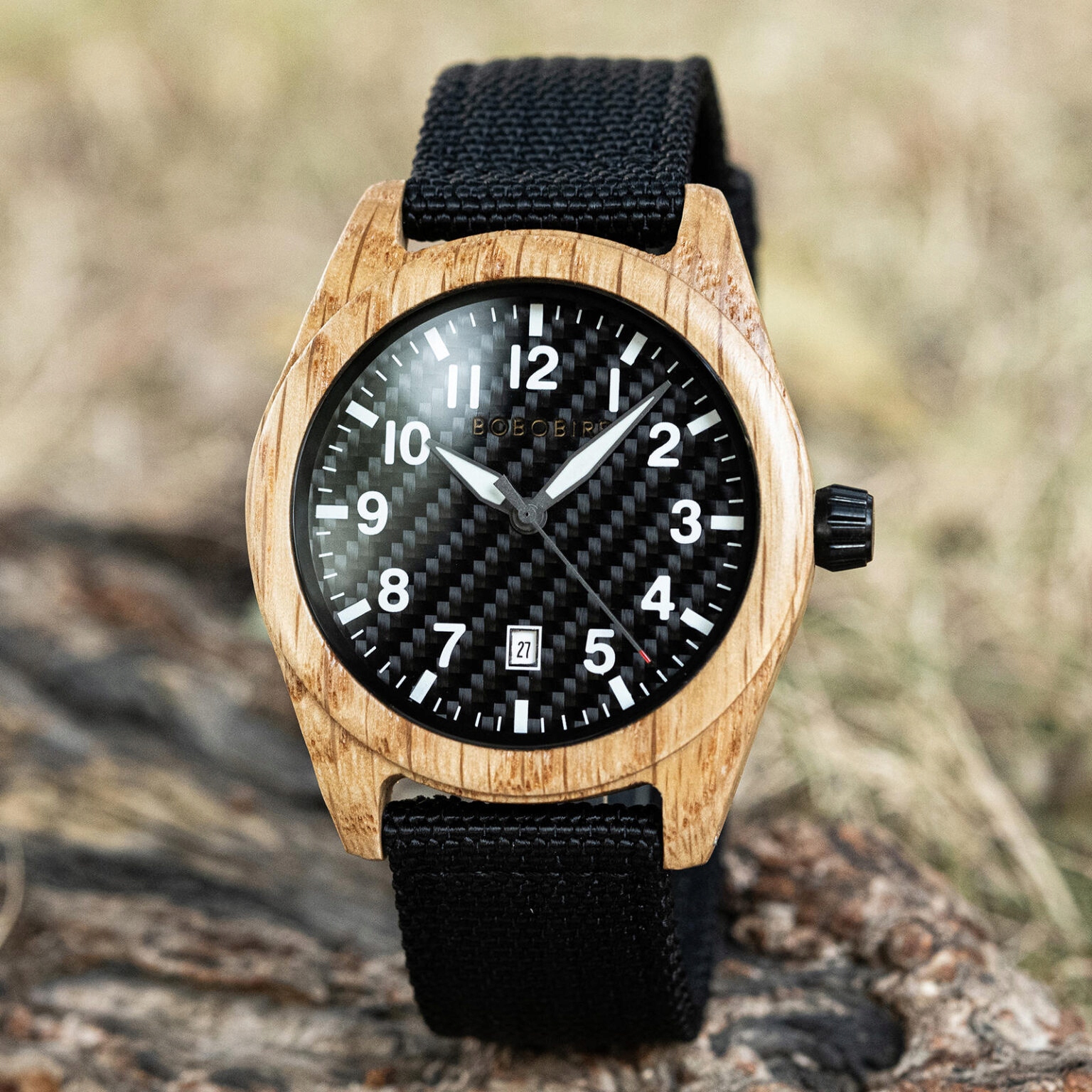 DREWNIANY ZEGAREK MĘSKI BOBO BIRD T165-2 ELEGANCKI NYLONOWY PASEK PUDEŁKO 1