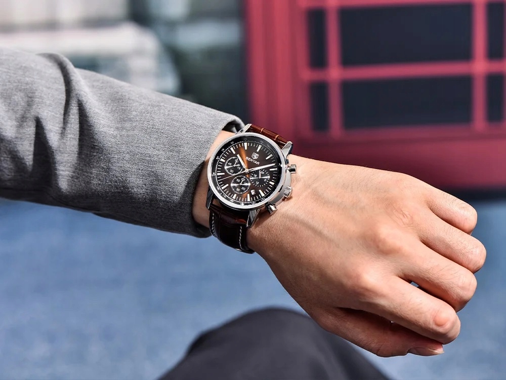 BRĄZOWY ZEGAREK MĘSKI BENYAR NA SKÓRZANYM PASKU DATOWNIK CHRONOGRAF PUDEŁKO 11