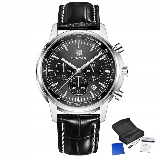 CZARNY ZEGAREK MĘSKI BENYAR NA SKÓRZANYM PASKU DATOWNIK CHRONOGRAF PUDEŁKO 8