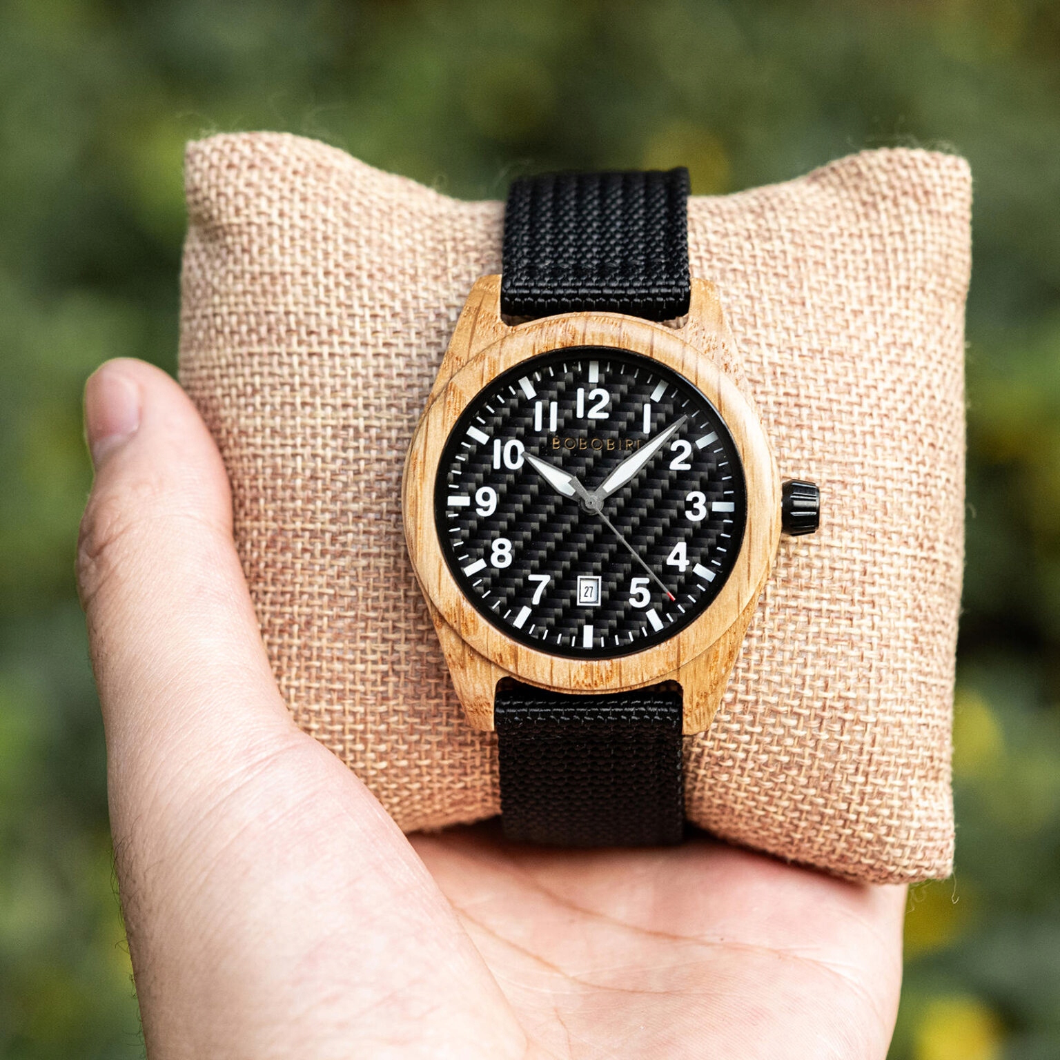 DREWNIANY ZEGAREK MĘSKI BOBO BIRD T165-2 ELEGANCKI NYLONOWY PASEK PUDEŁKO 8