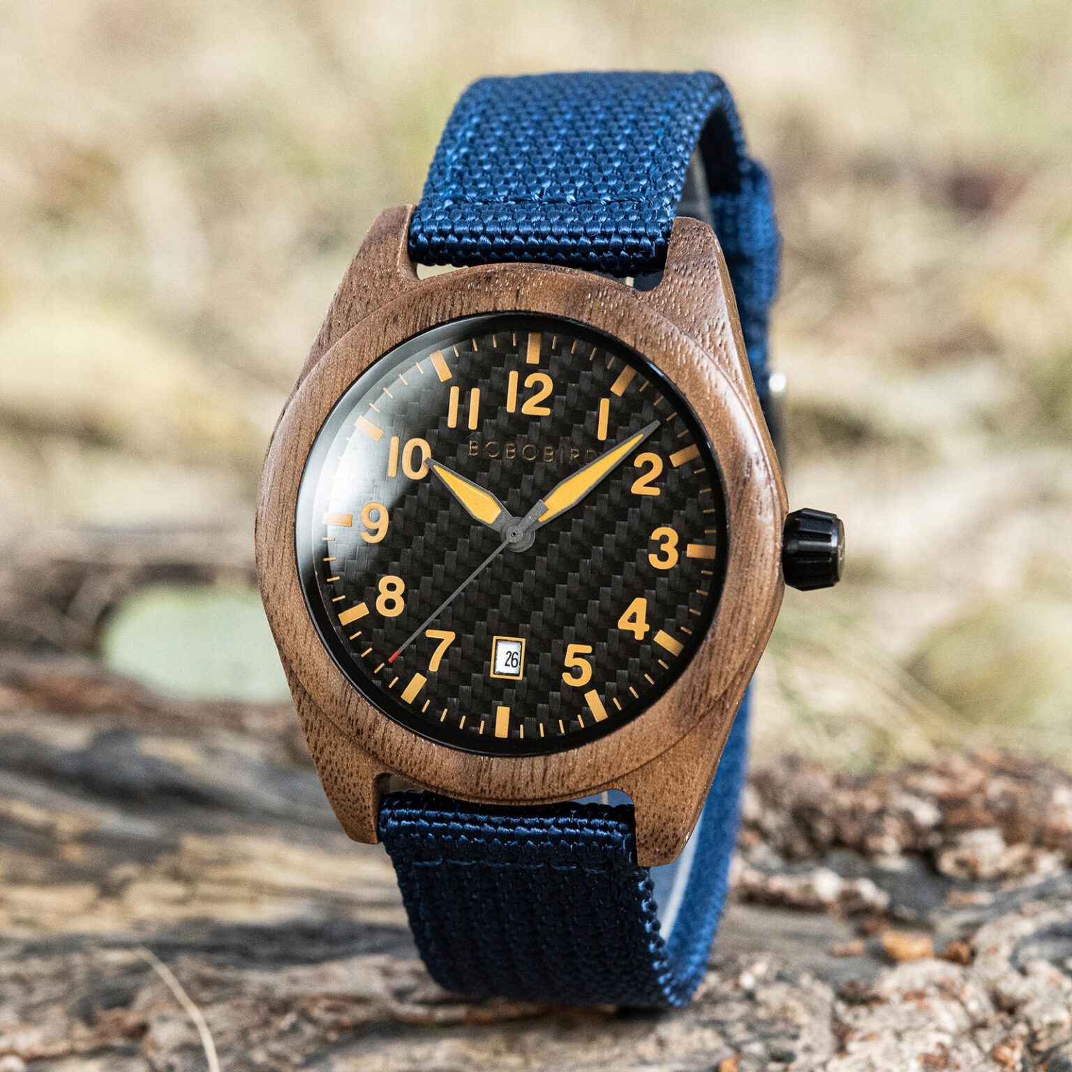 DREWNIANY ZEGAREK MĘSKI BOBO BIRD T165-2 ELEGANCKI NYLONOWY PASEK PUDEŁKO 1