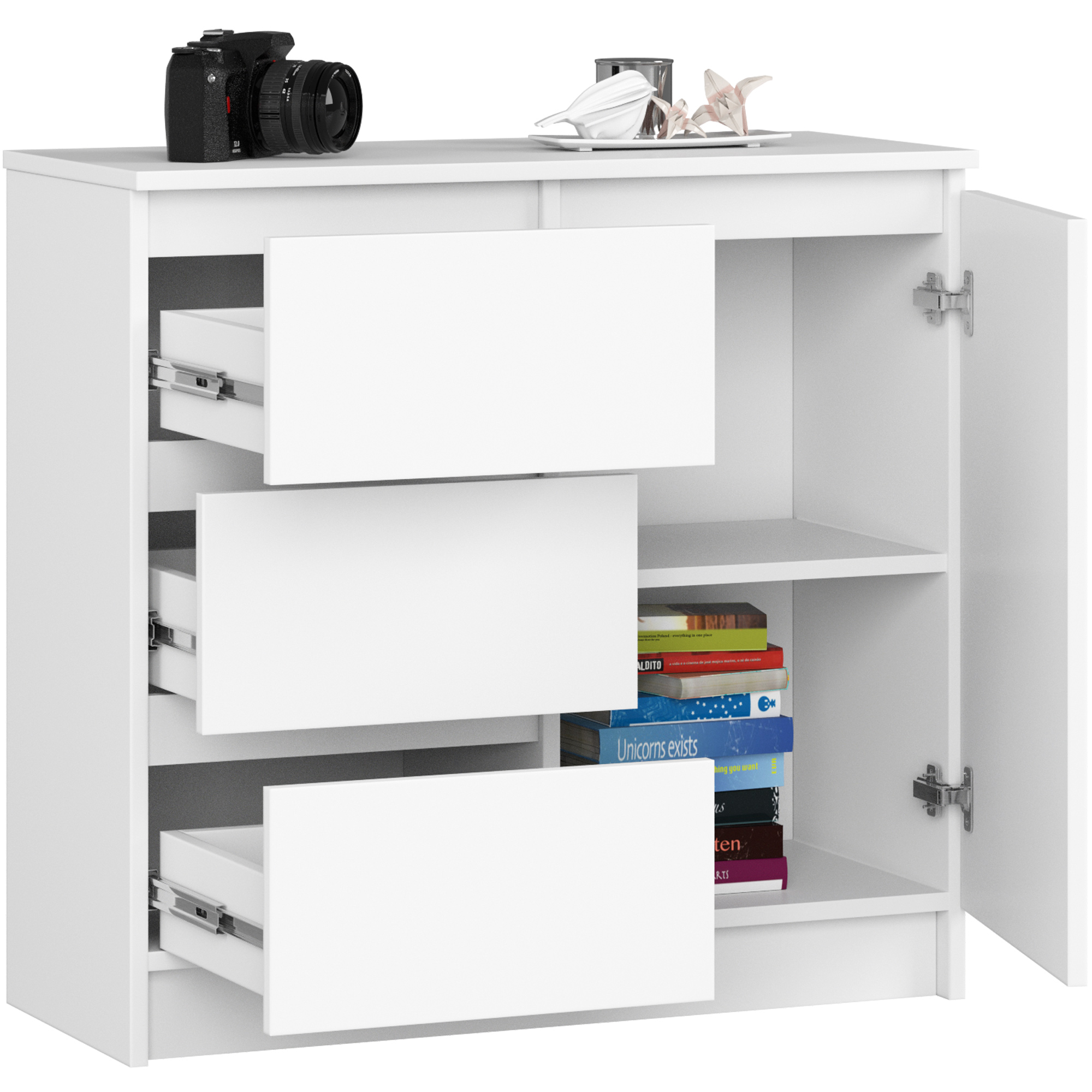 Komoda AKORD JERRY Biała 80 cm 1 drzwi 3 szuflady kolor Biały mat 2 półki 80x35x77 cm - AKORD Meble