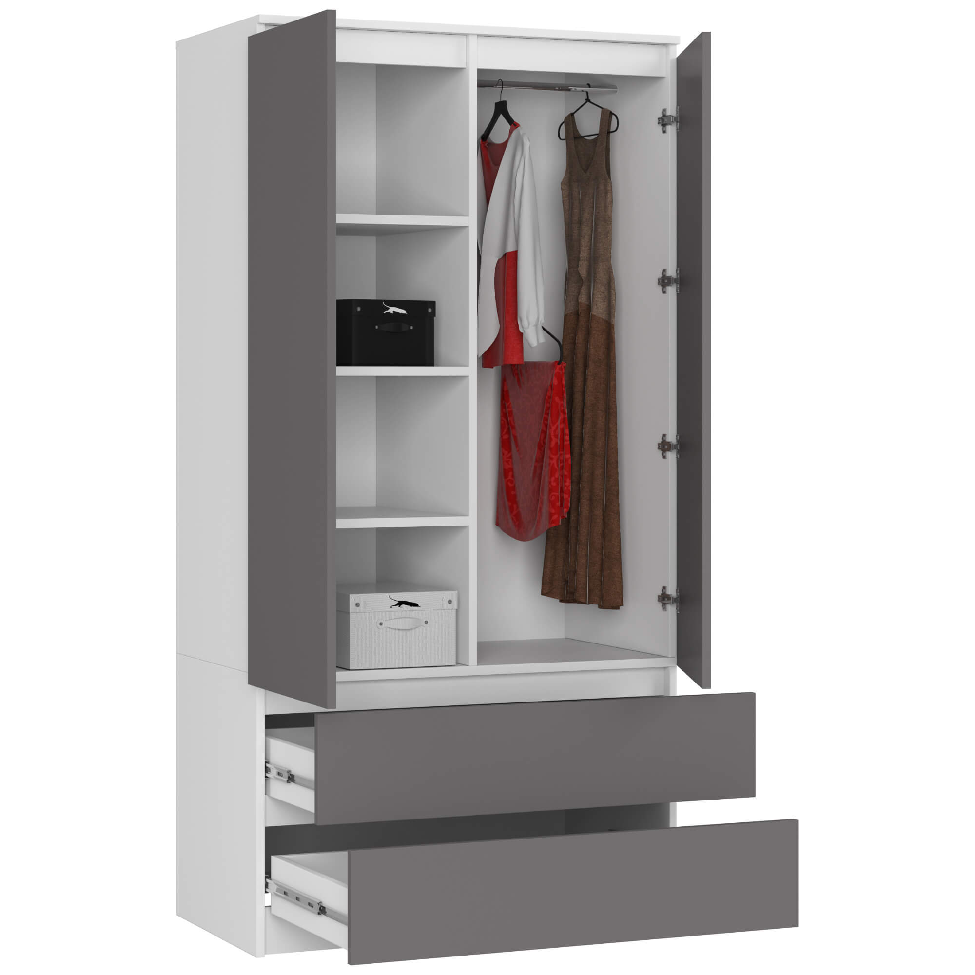 Szafa AKORD S90 Biała 90 cm 2 drzwi 2 szuflady kolor Grafit Szary mat 4 półki 90x51x180 cm - AKORD Meble