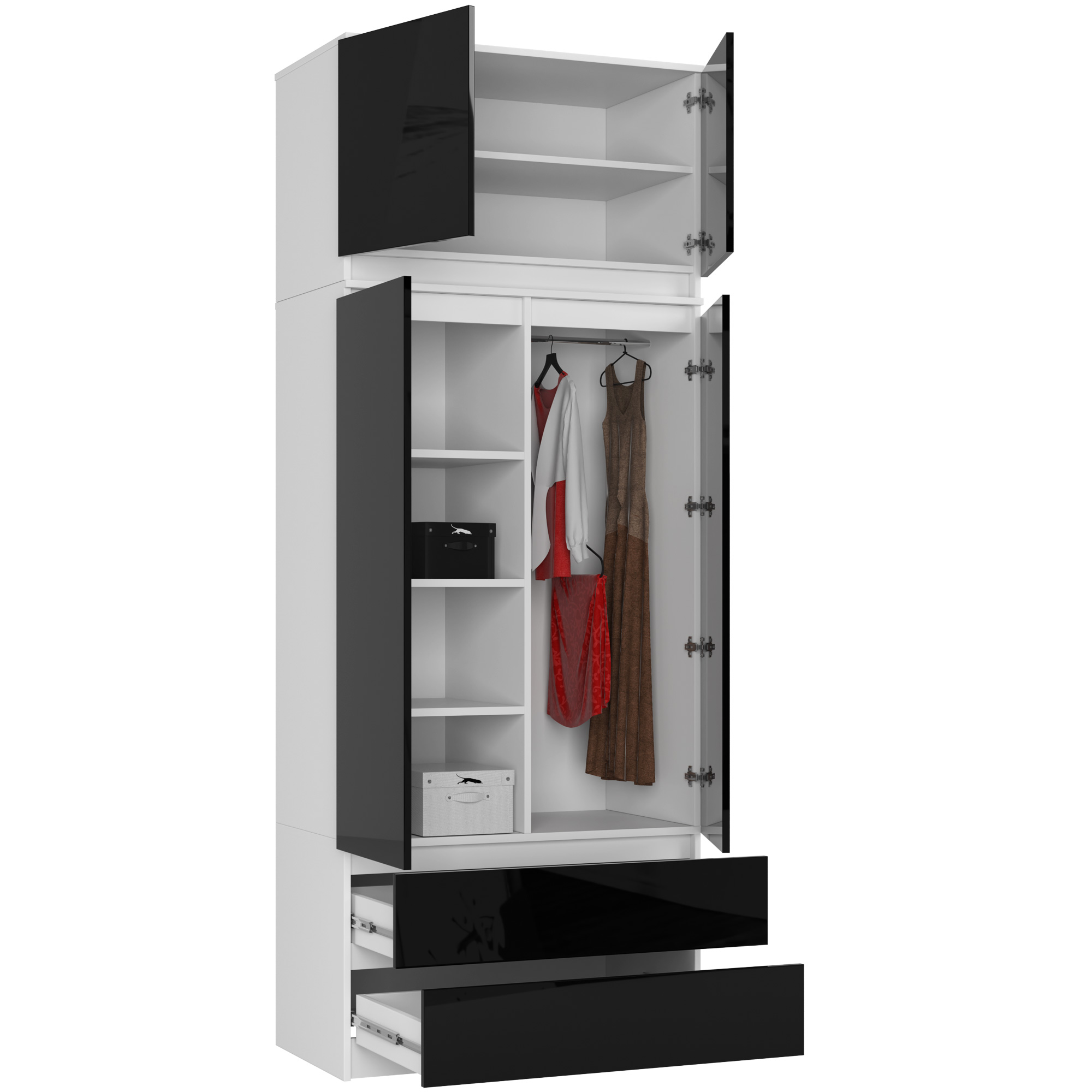 Szafa AKORD S90 z nadstawką Biała 90 cm 2 drzwi 2 szuflady kolor Czarny Połysk 6 półek 90x51x234 cm - AKORD Meble