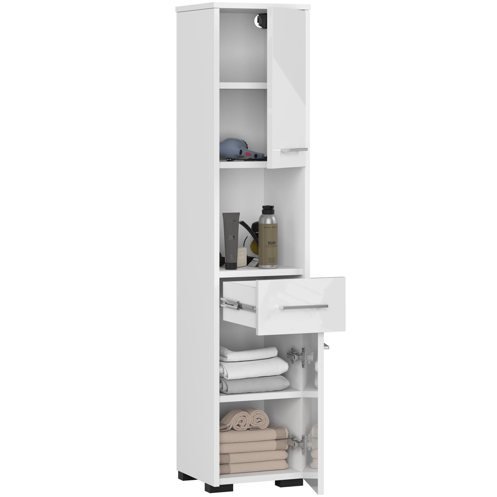 Słupek łazienkowy AKORD FIN Biały 30 cm 2 drzwi 1 szuflada kolor Biały Połysk 5 półek 30x30x140 cm - AKORD Meble