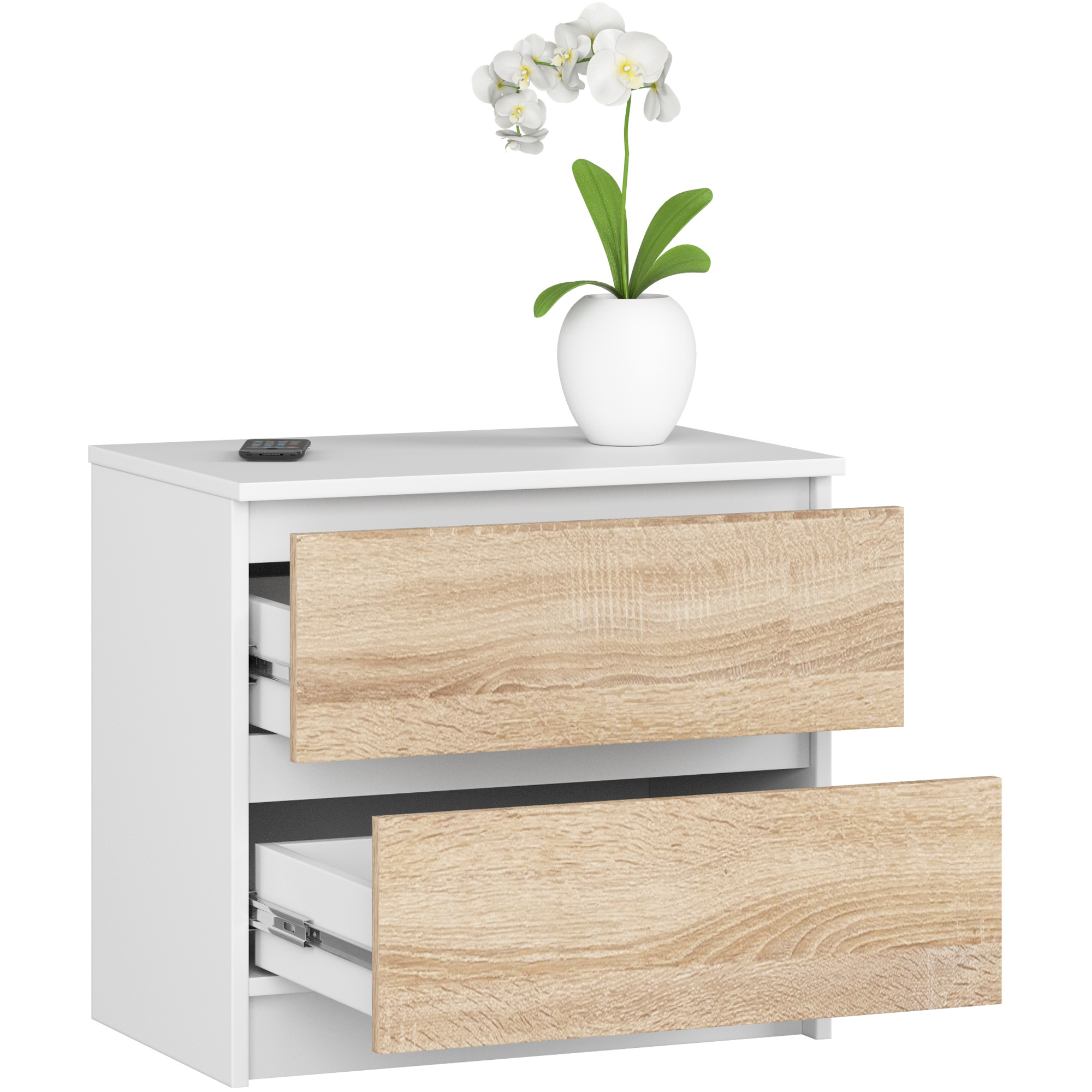 Szafka nocna AKORD K60 Biała 60 cm 2 szuflady kolor Dąb Sonoma mat 60x40x55 cm - AKORD Meble