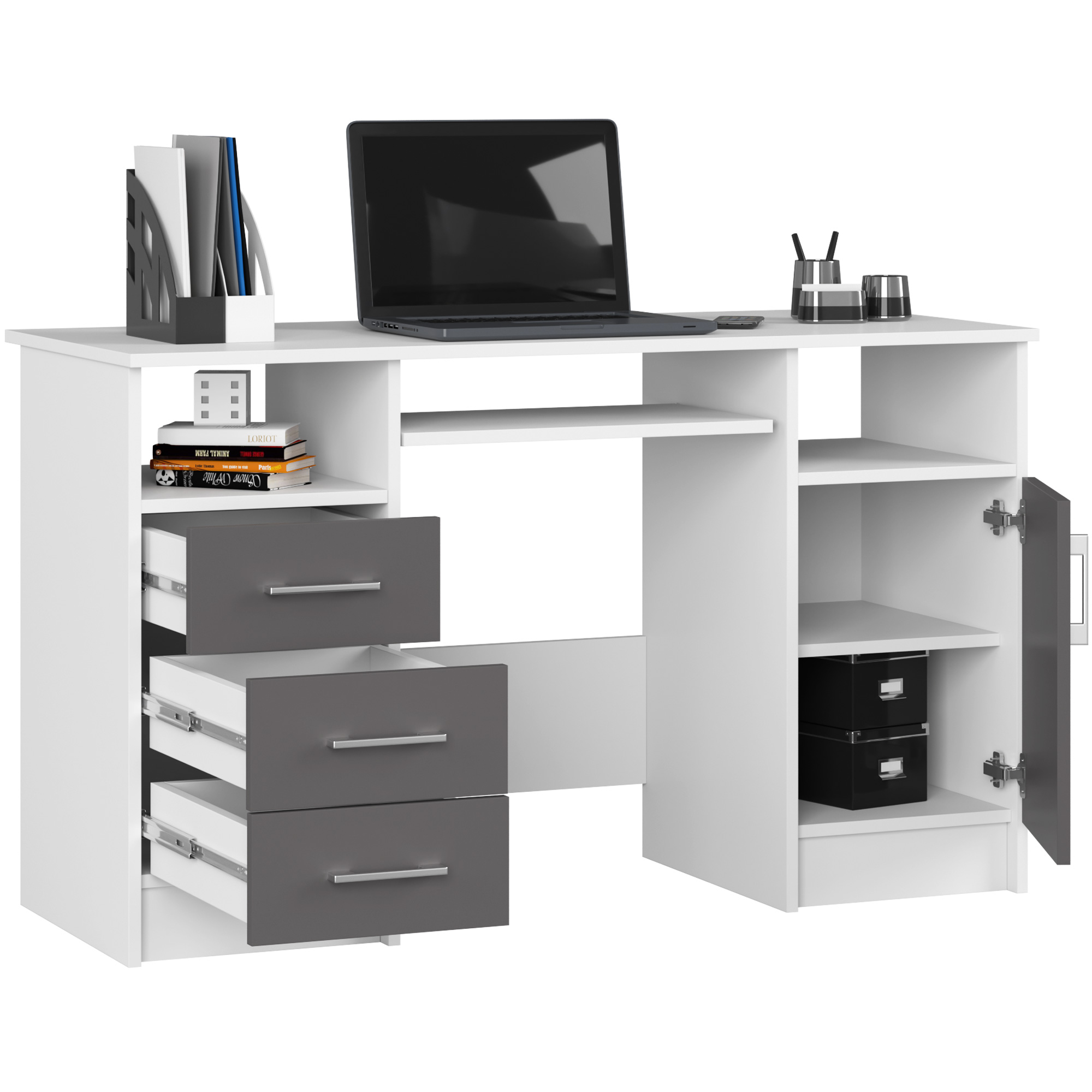 Biurko AKORD ANA Białe 124 cm biurko komputerowe 1 drzwi 3 szuflady kolor Grafit Szary mat 5 półek 124x52x74 cm - AKORD Meble