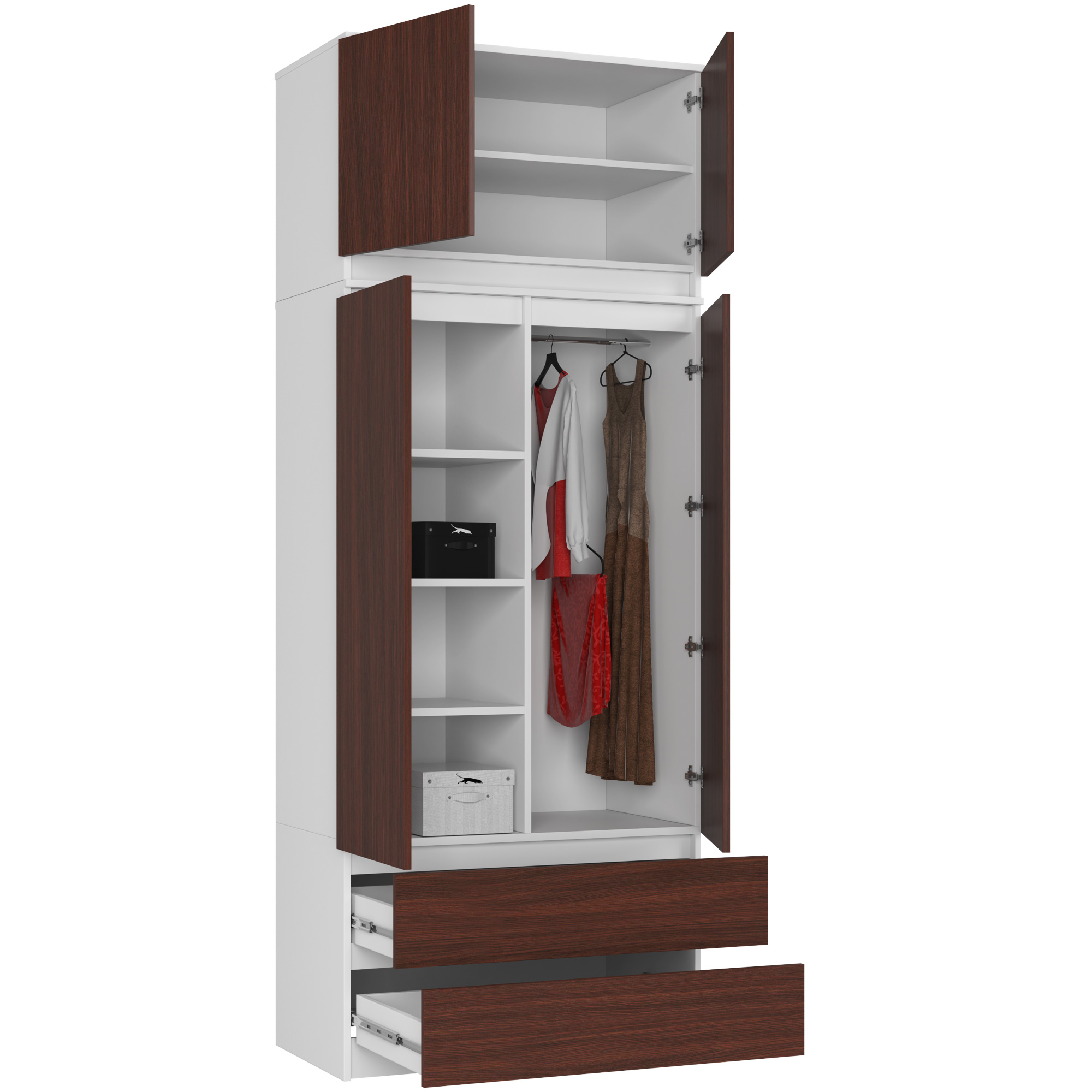 Szafa AKORD S90 z nadstawką Biała 90 cm 2 drzwi 2 szuflady kolor Wenge mat 6 półek 90x51x234 cm - AKORD Meble