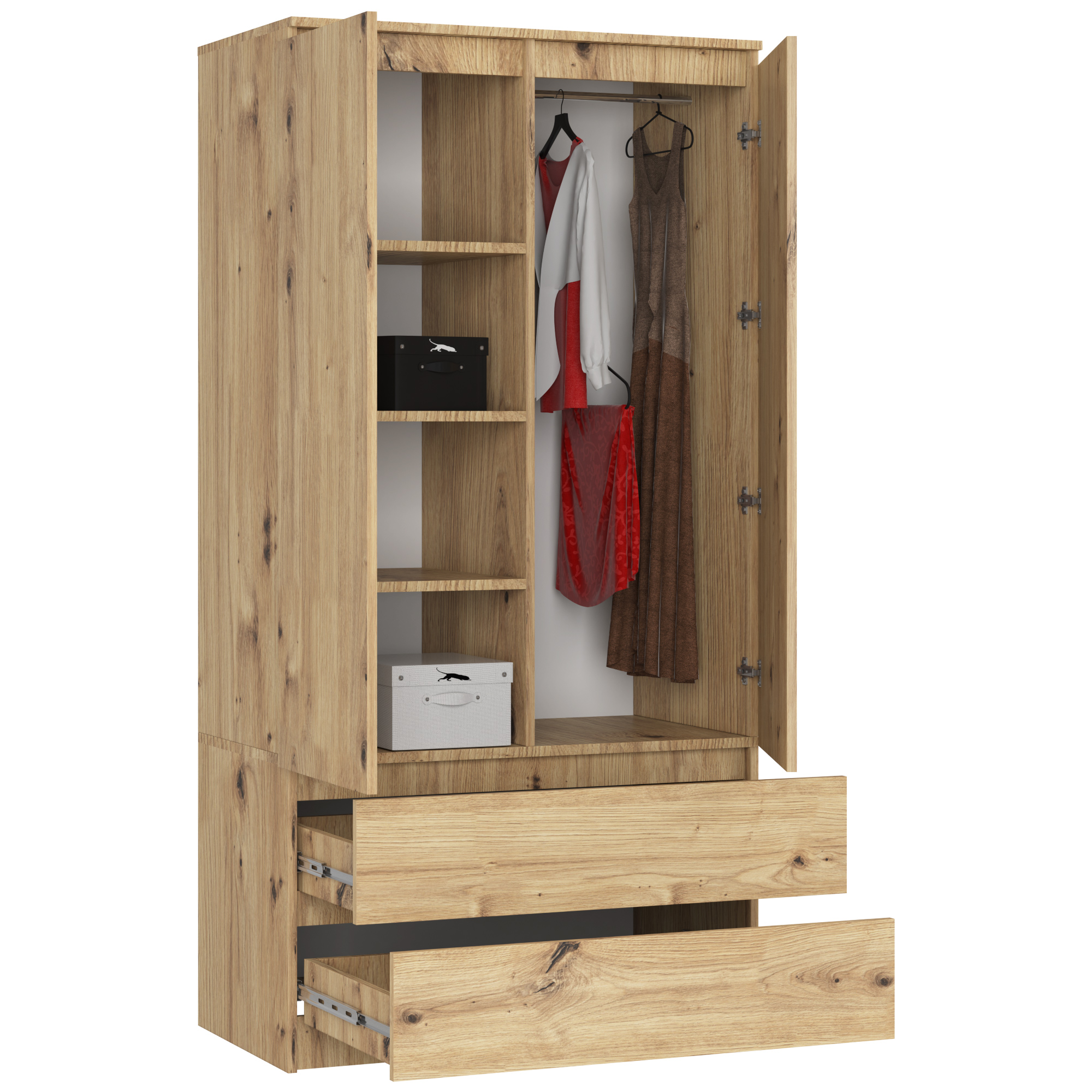 Szafa AKORD S90 Dąb Artisan 90 cm 2 drzwi 2 szuflady kolor Dąb Artisan mat 4 półki 90x51x180 cm - AKORD Meble