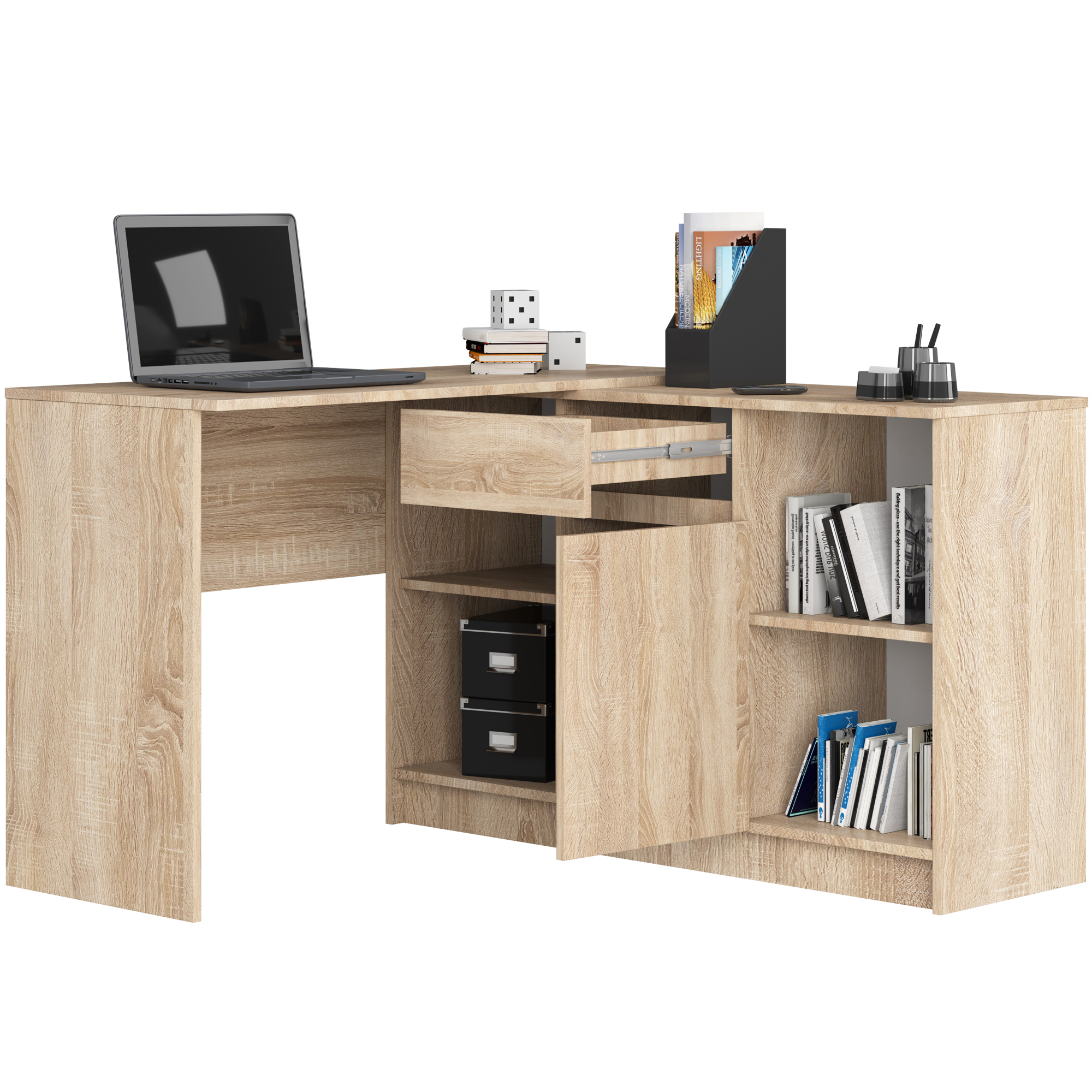 Biurko narożne AKORD B17 Dąb Sonoma 120 cm Zestaw z komodą 1 drzwi 1 szuflada kolor Dąb Sonoma mat 6 półek 120x126x79 cm - AKORD Meble