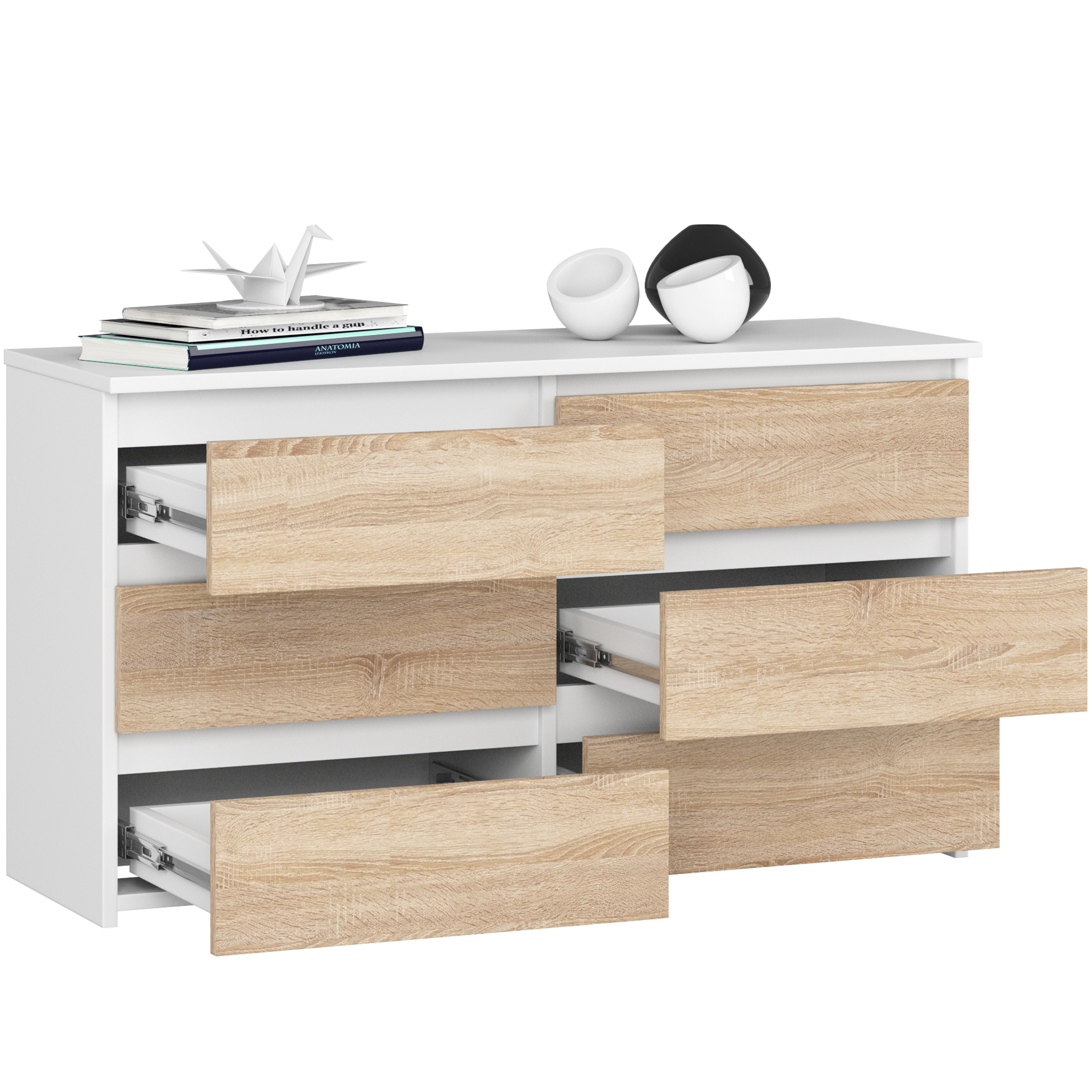 Komoda AKORD CL100 Biała 100 cm 6 szuflad kolor Dąb Sonoma mat 100x35x57 cm - AKORD Meble