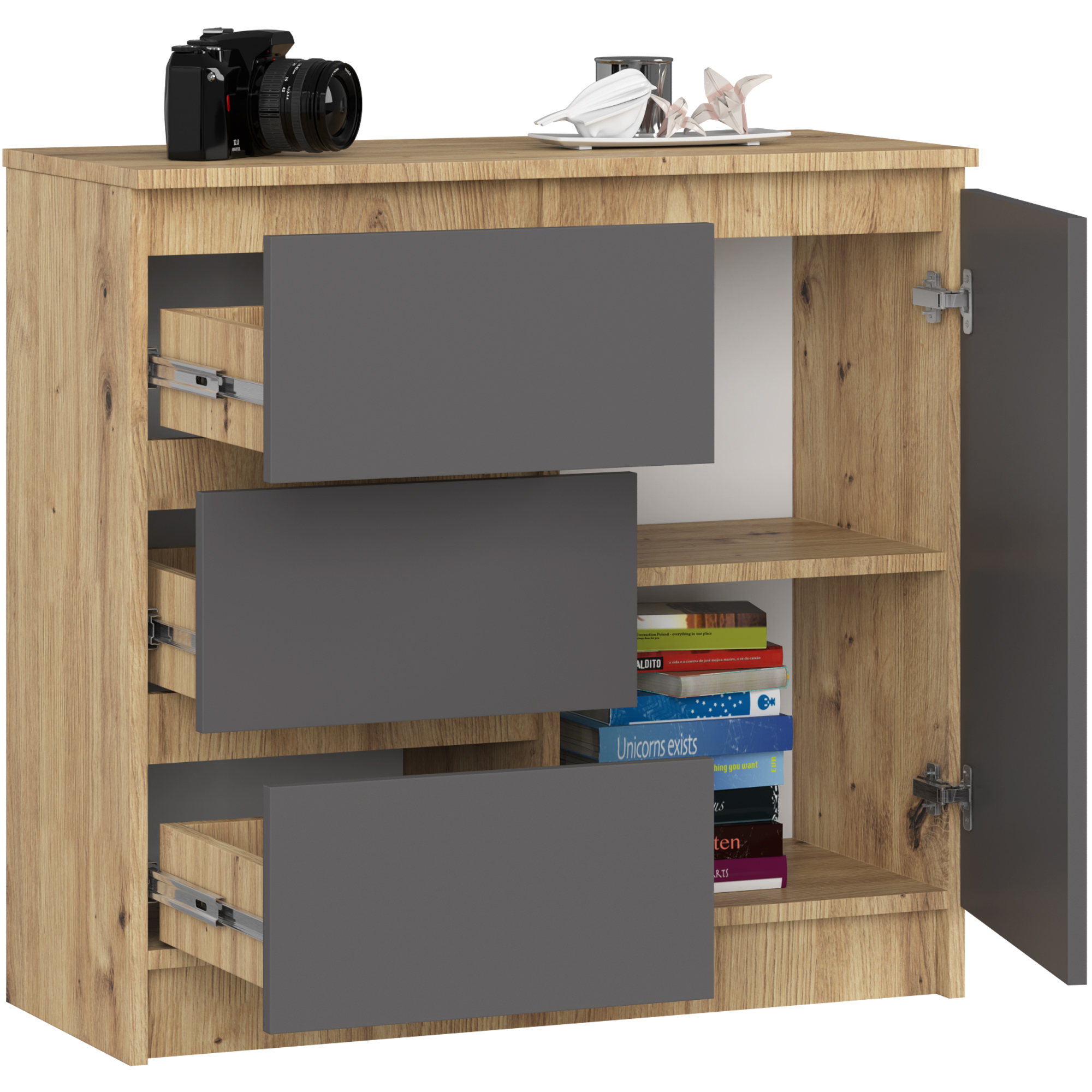 Komoda AKORD JERRY Dąb Artisan 80 cm 1 drzwi 3 szuflady kolor Grafit Szary mat 2 półki 80x35x77 cm - AKORD Meble
