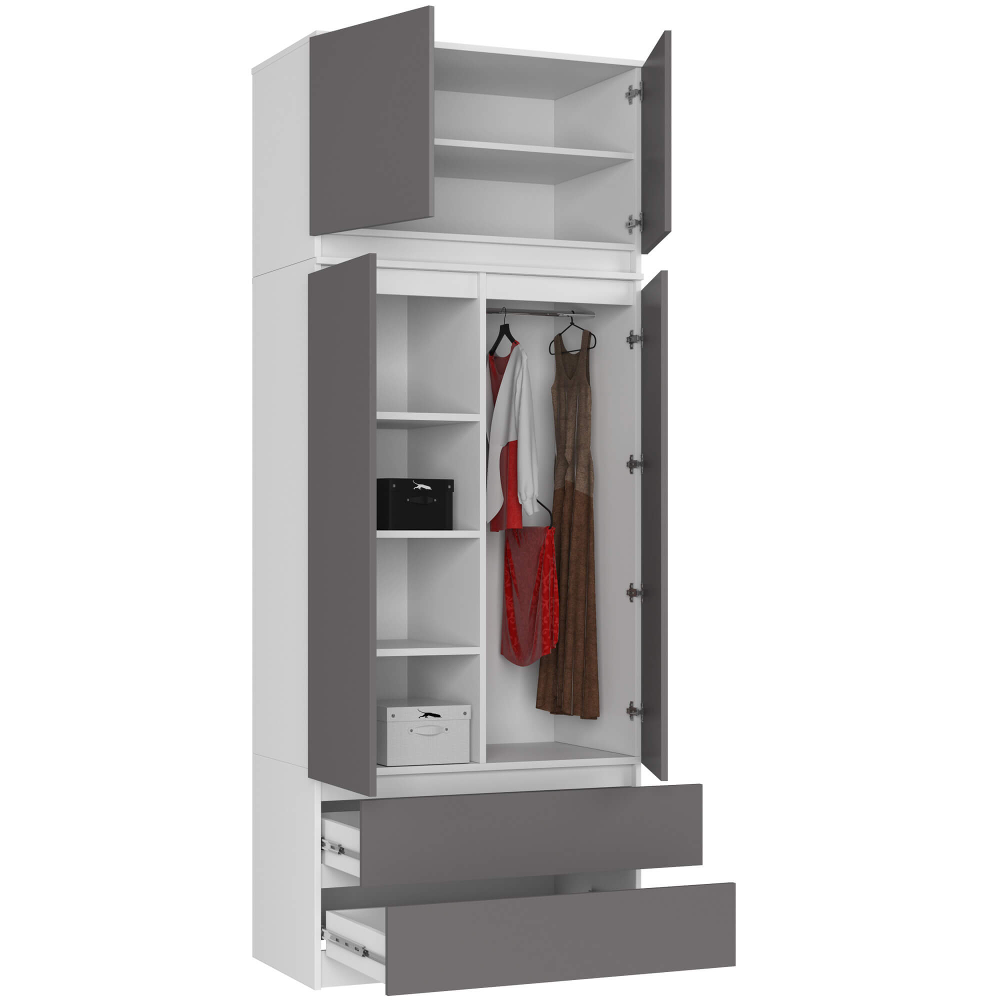 Szafa AKORD S90 z nadstawką Biała 90 cm 2 drzwi 2 szuflady kolor Grafit Szary mat 6 półek 90x51x234 cm - AKORD Meble