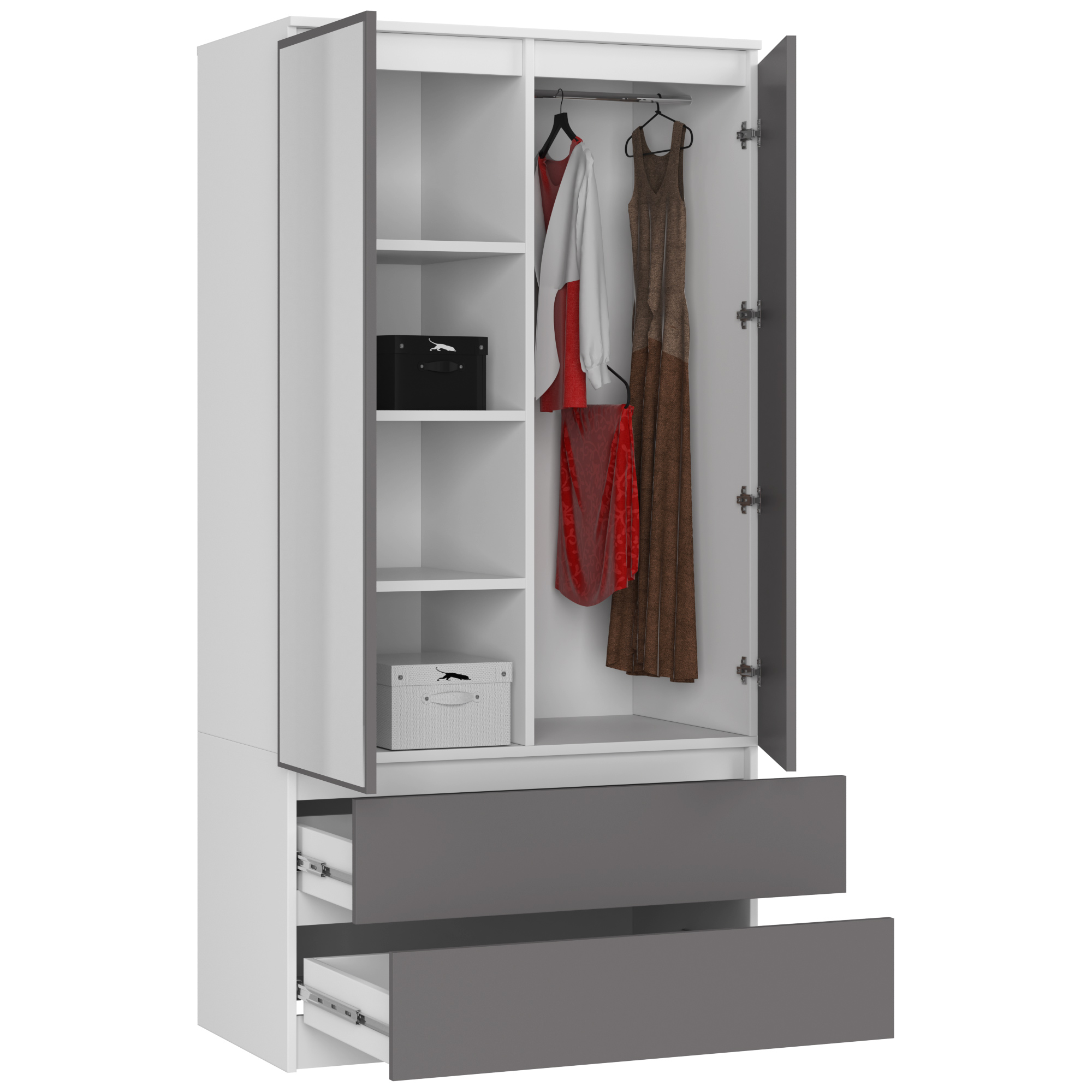 Szafa AKORD S90 Biała 90 cm z lustrem 2 drzwi 2 szuflady kolor Grafit Szary mat 4 półki 90x51x180 cm - AKORD Meble