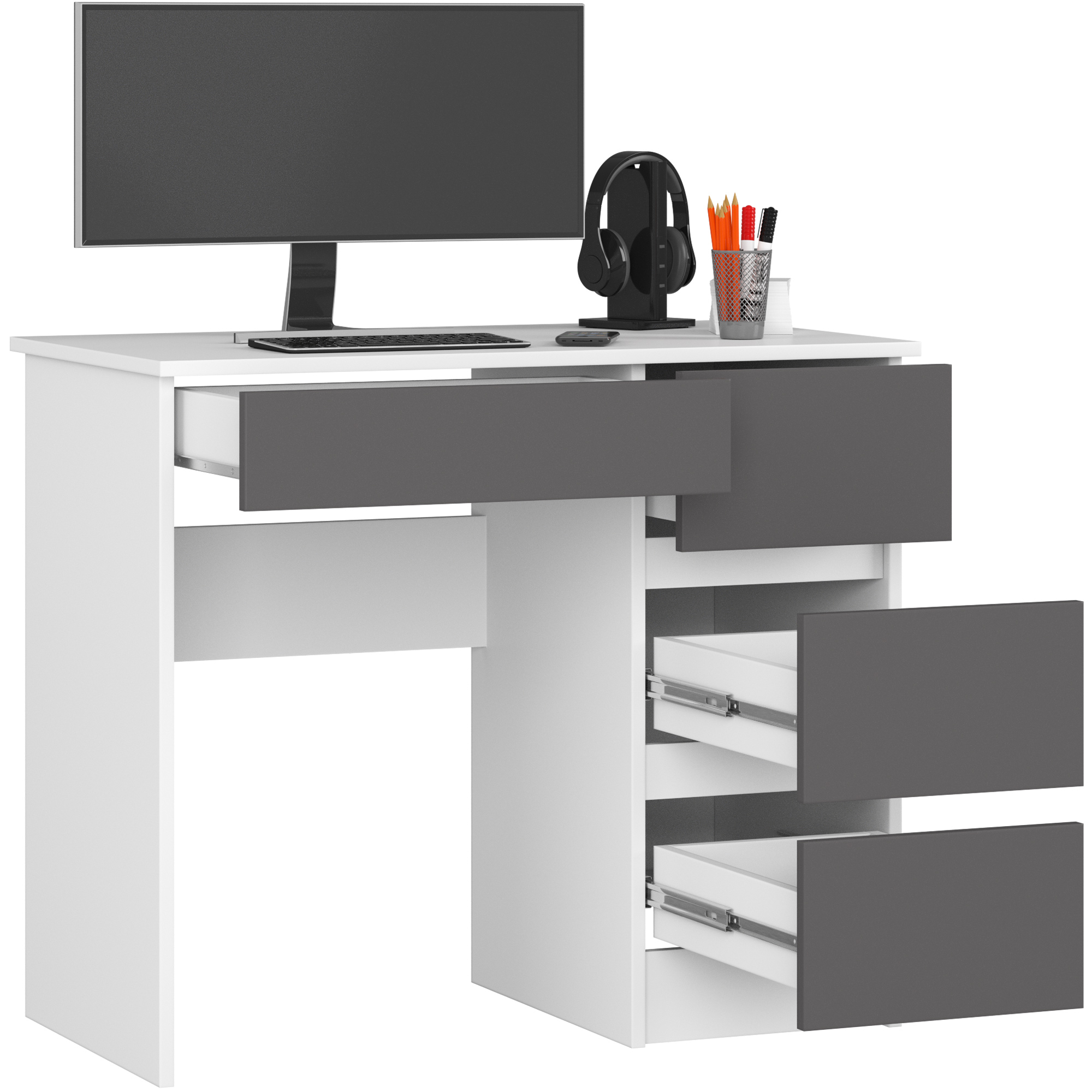 Biurko komputerowe AKORD A7 Białe 90 cm prawe 4 szuflady kolor Grafit Szary mat 90x50x77 cm - AKORD Meble