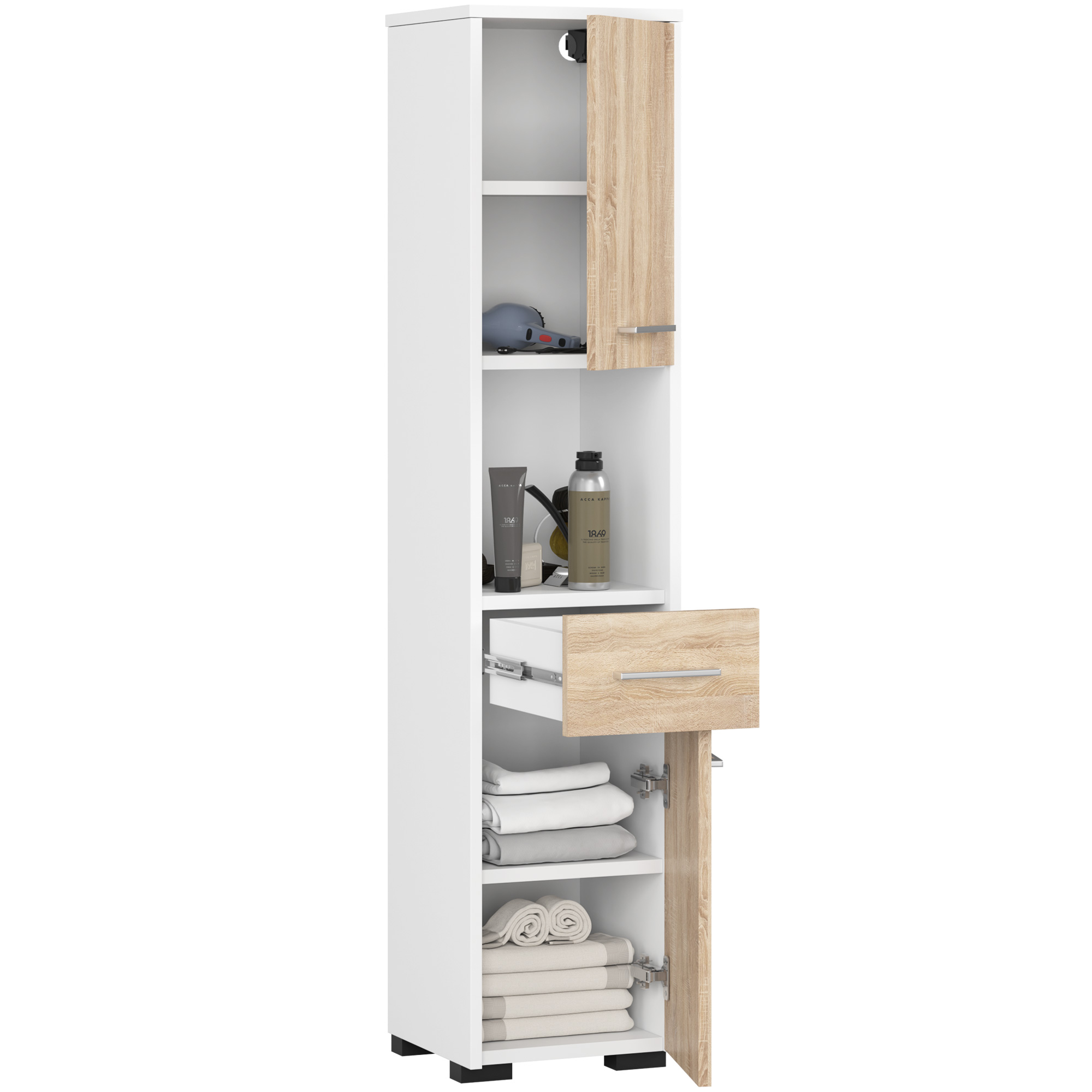 Słupek łazienkowy AKORD FIN Biały 30 cm 2 drzwi 1 szuflada kolor Dąb Sonoma mat 5 półek 30x30x140 cm - AKORD Meble
