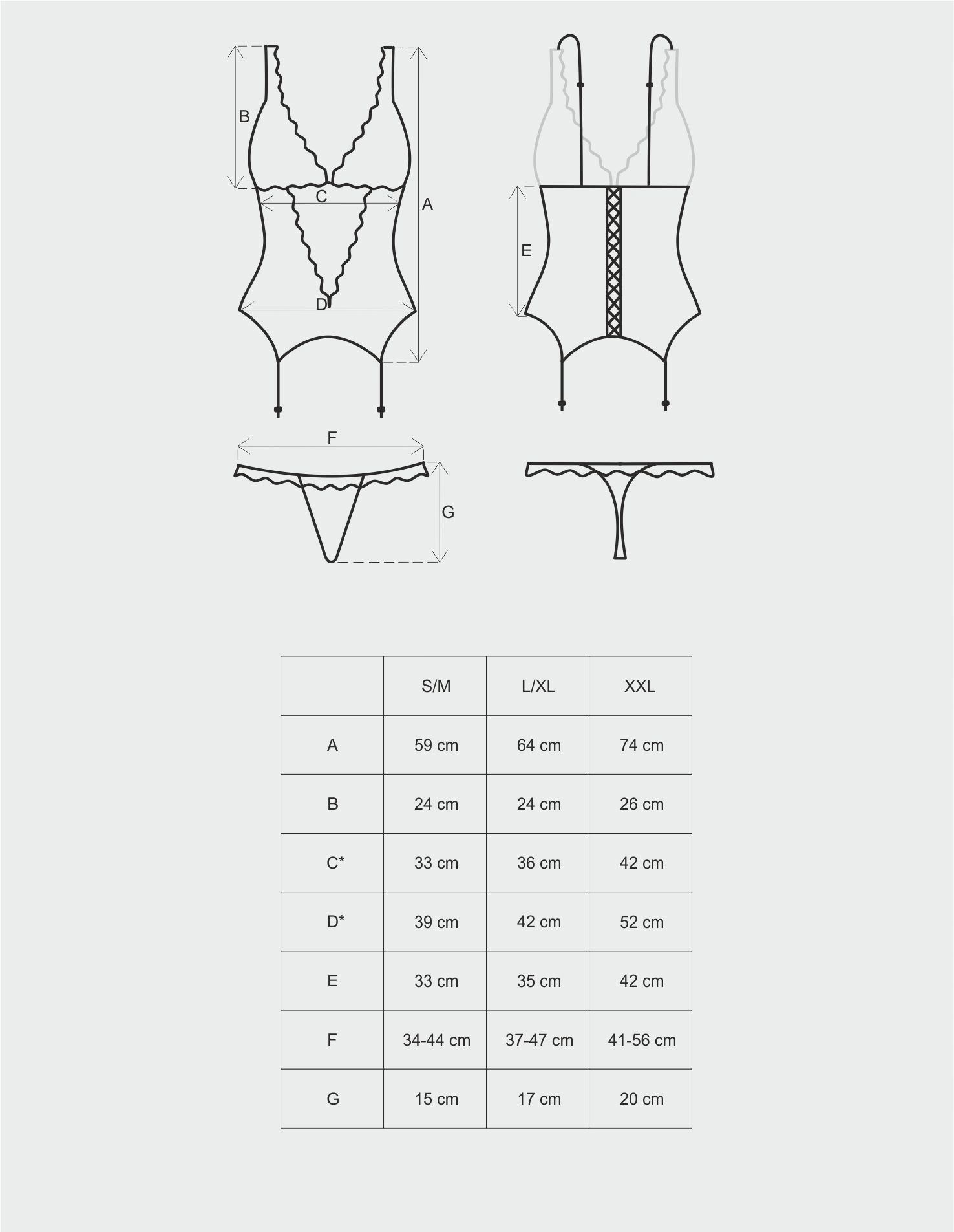 Emperita gorset i stringi. Ozdobny dekolt.