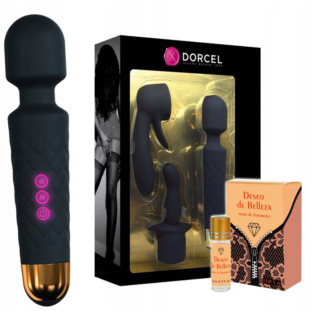 Wibrator silikonowy, wymienne końcówki + perfumy.