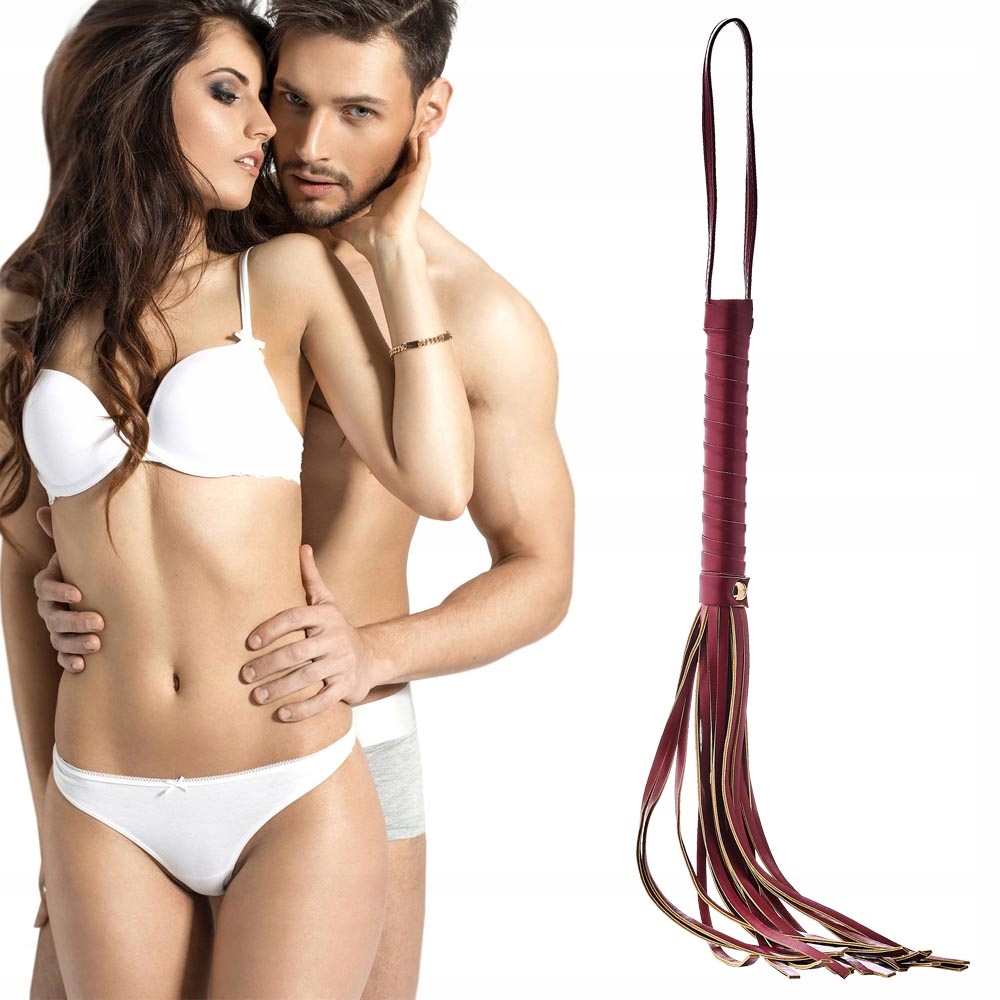 Pejcz do chłosty i batów z ekoskóry, czerwony. Liczne paseczki. BDSM