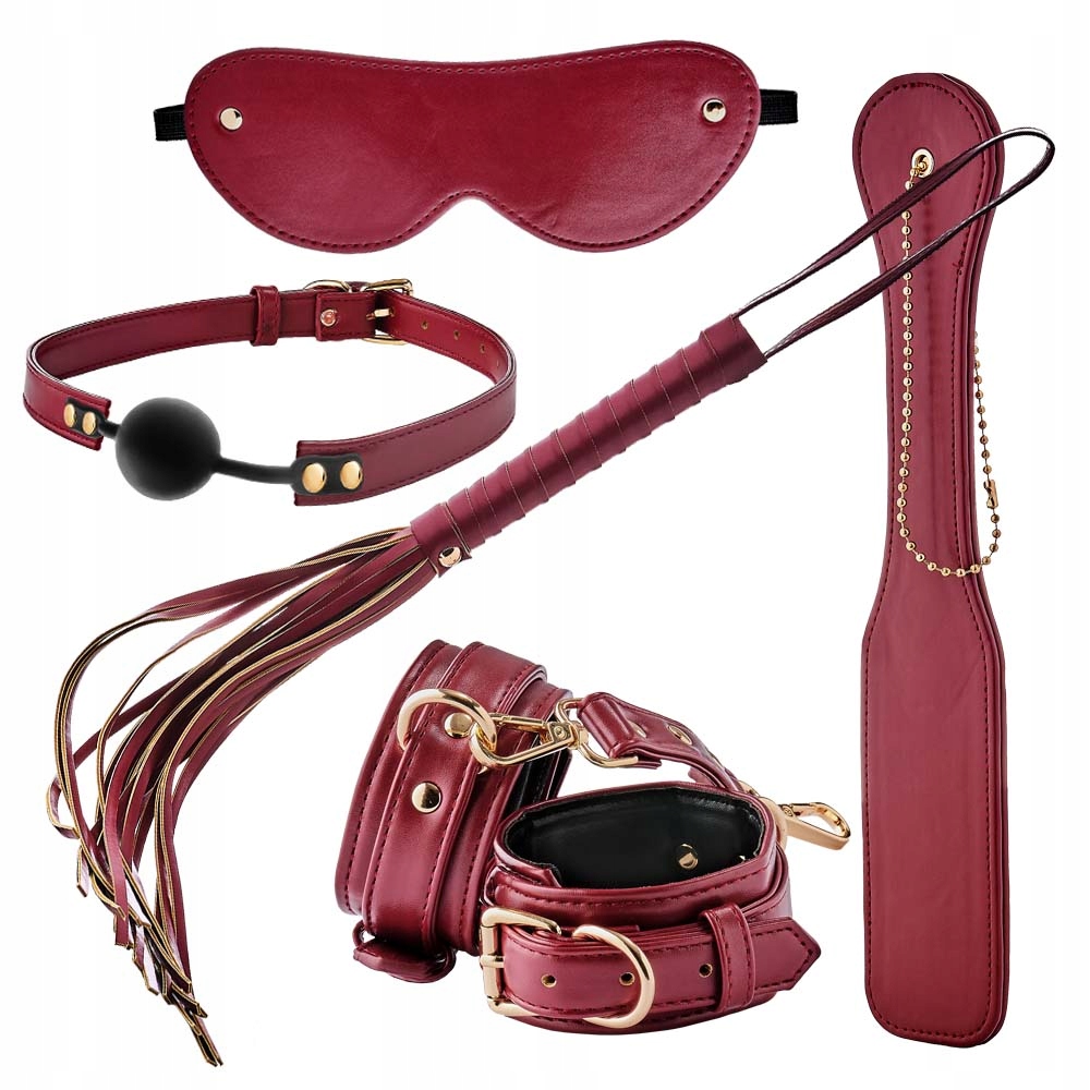 Zestaw BDSM 5 części: packa, bicz, kajdanki, opaska, knebel.