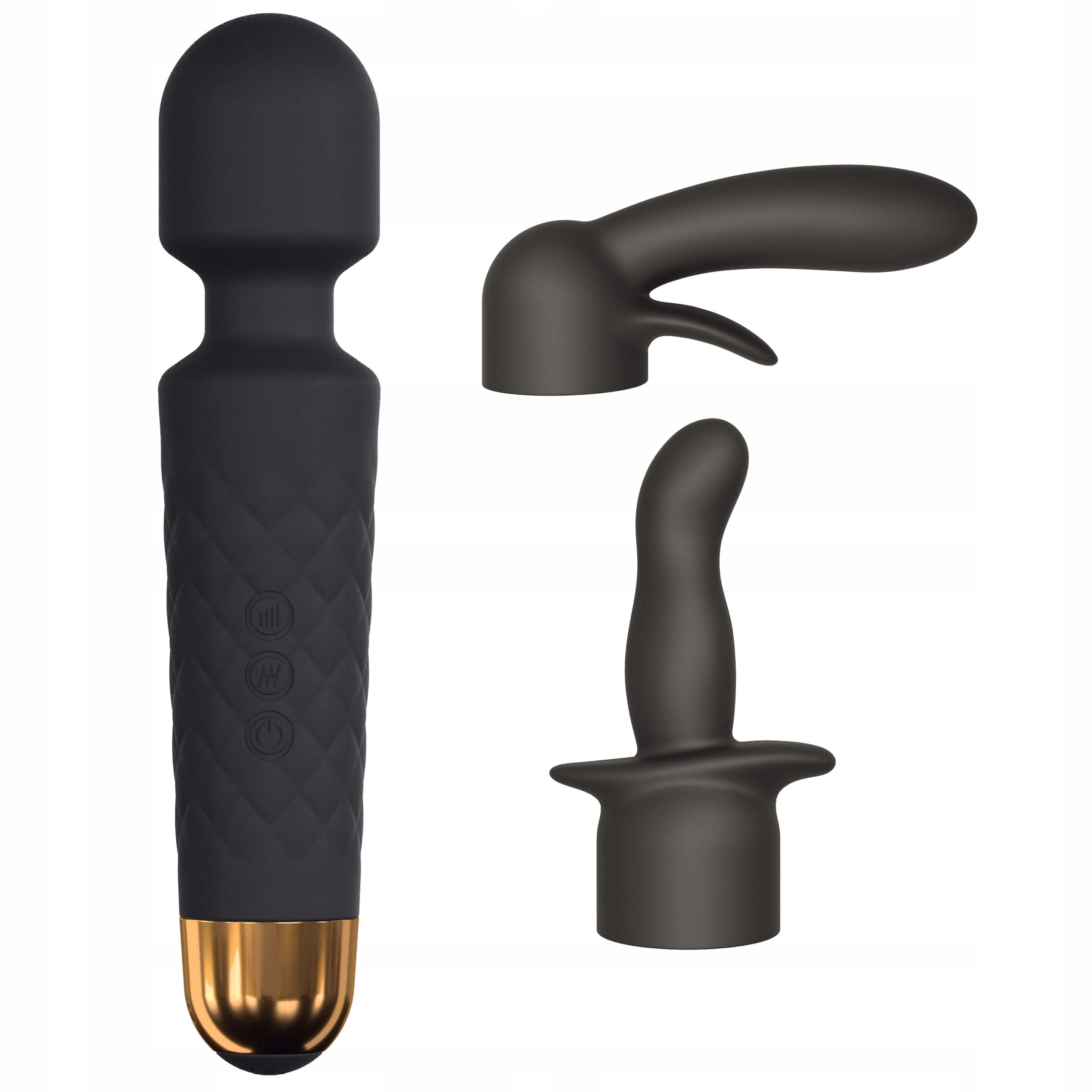 Wibrator silikonowy, wymienne końcówki + perfumy.