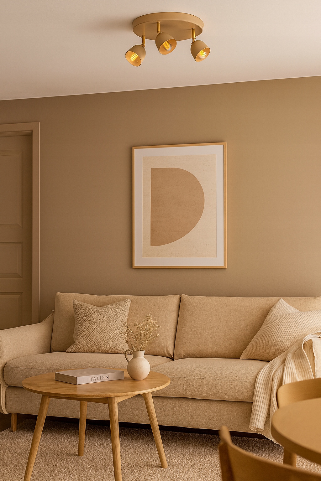 lampa sufitowa w kolorze kaszmirowym ze złotymi dodatkami w salonie w stylu boho japandi