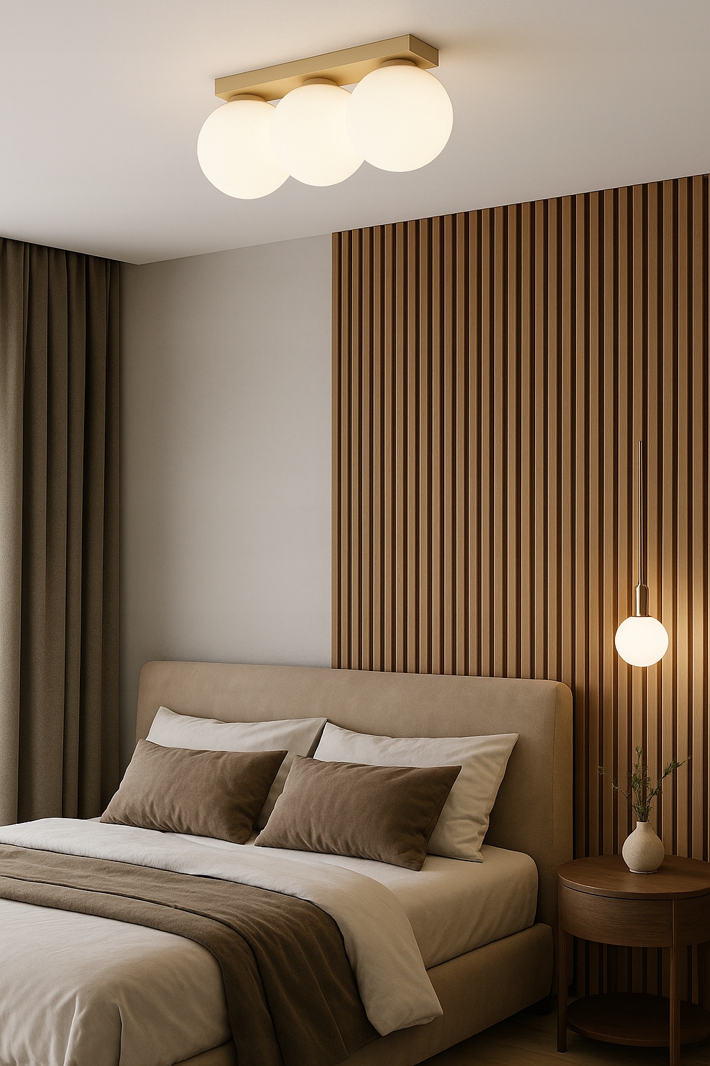 lampa sufitowa w sypialni nad łóżkiem z beżową pościelą w stonowanych kolorach