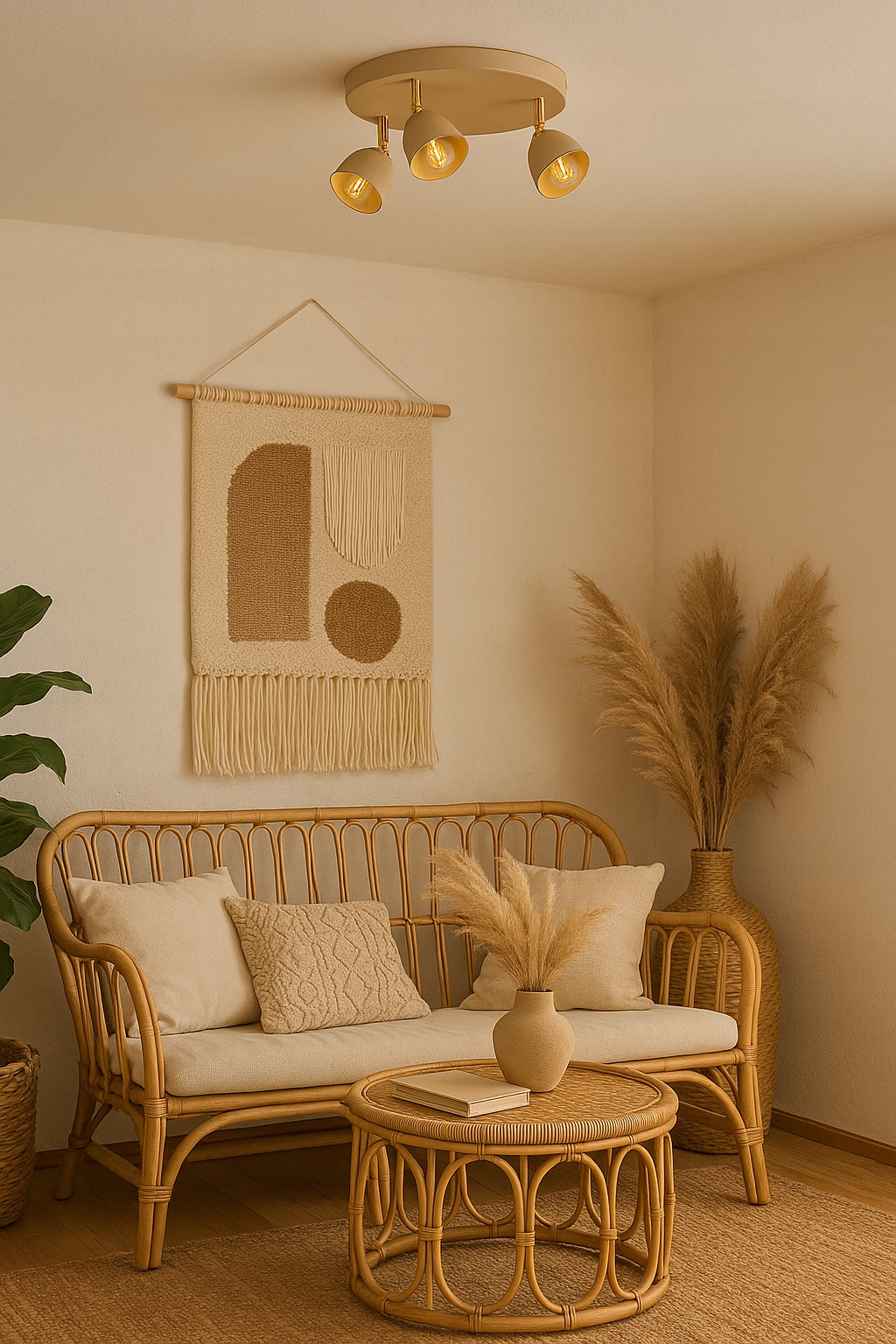 lampa sufitowa w kolorze kaszmirowym ze złotymi dodatkami w salonie w stylu boho japandi