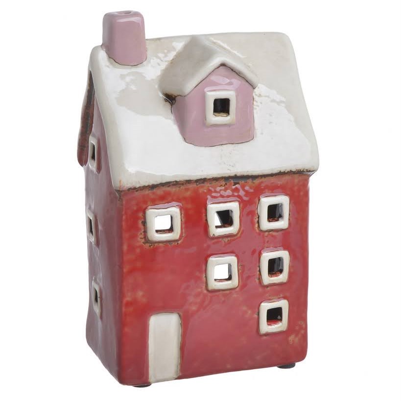 Domek ceramiczny na tealight czerwony z białym dachem