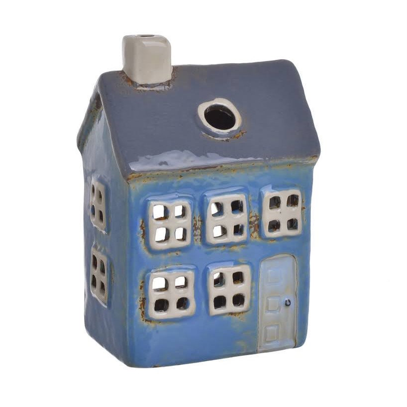 Domek ceramiczny na tealight niebieski z oknem na dachu