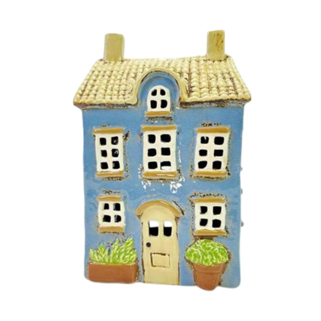 Domek ceramiczny na tealight - niebieska kamienica