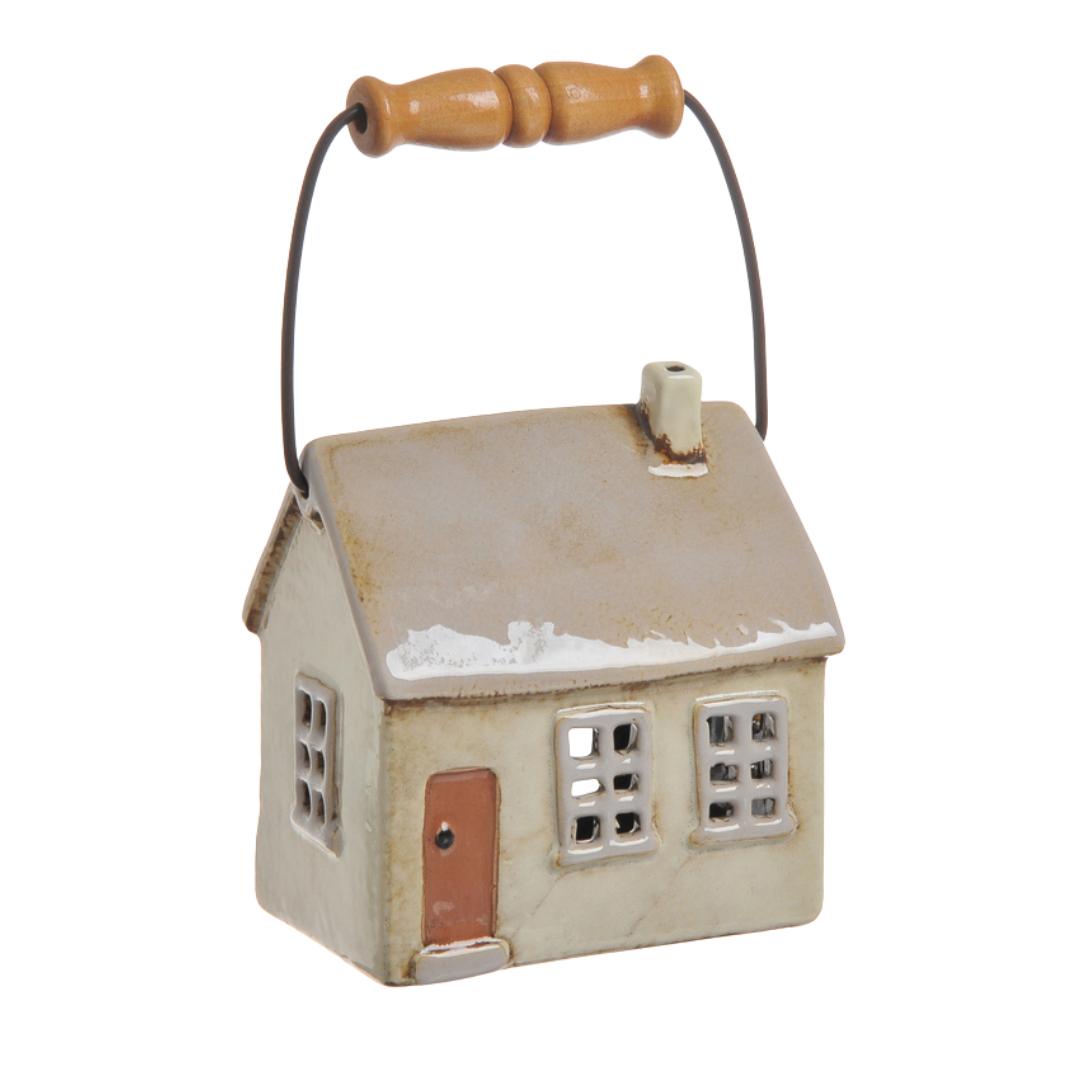 Domek ceramiczny na tealight z rączką beżowy