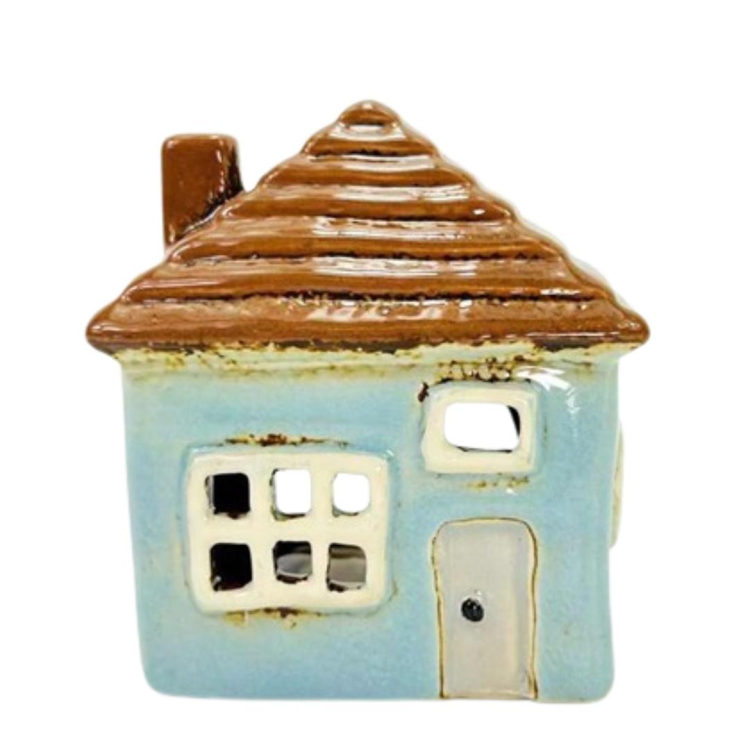 Domek ceramiczny na tealight mała niebieska chatka