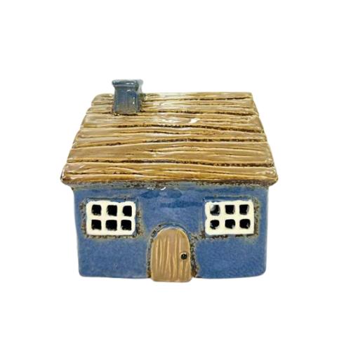 Domek ceramiczny na tealight wiejska chatka niebieska