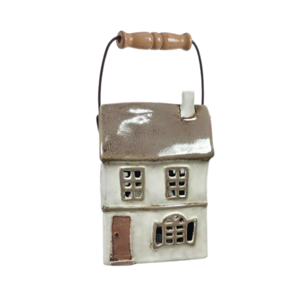 Domek ceramiczny na tealight z rączką szary brąz