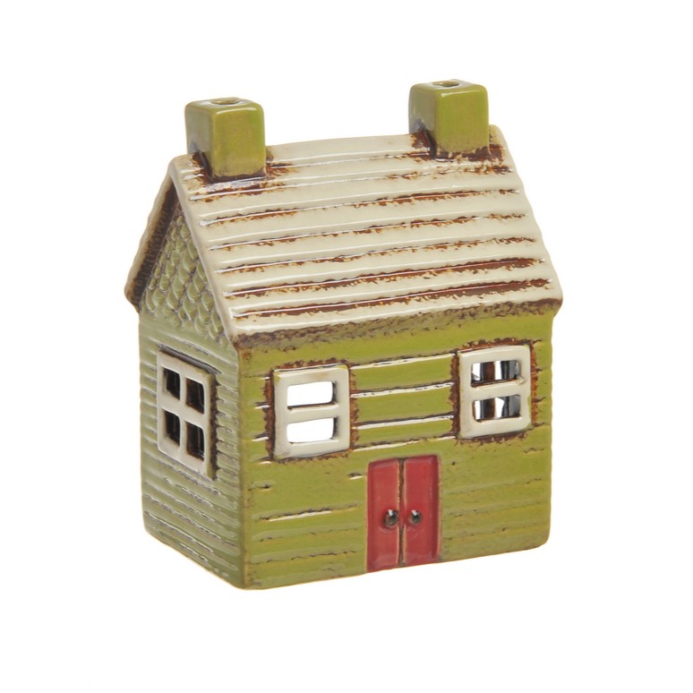 Domek ceramiczny zielony na tealight dwa kominy