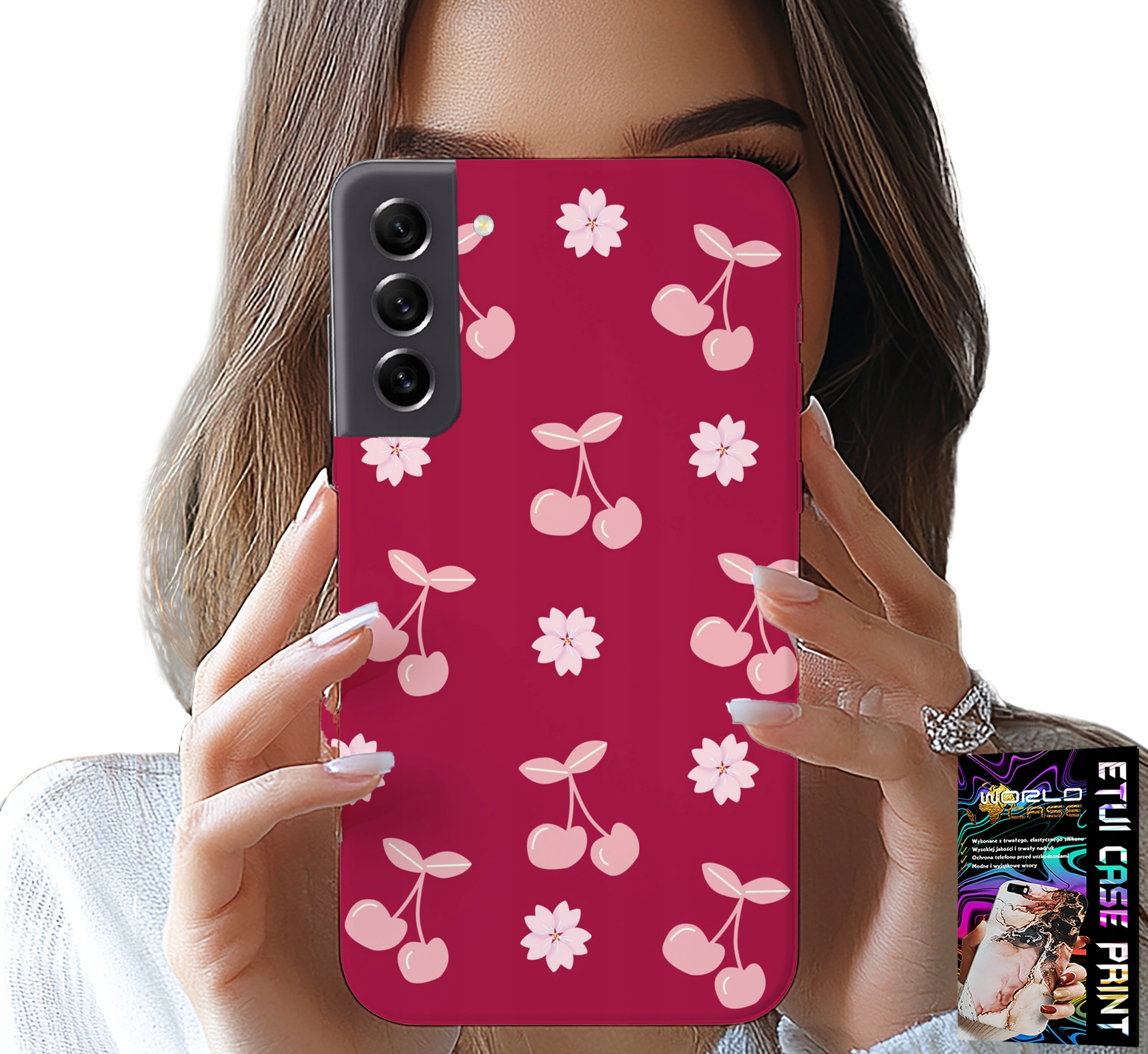 ETUI DO SAMSUNG GALAXY S21 FE - WISIENKI, WIŚNIE NA BORDOWYM TLE + FOLIA