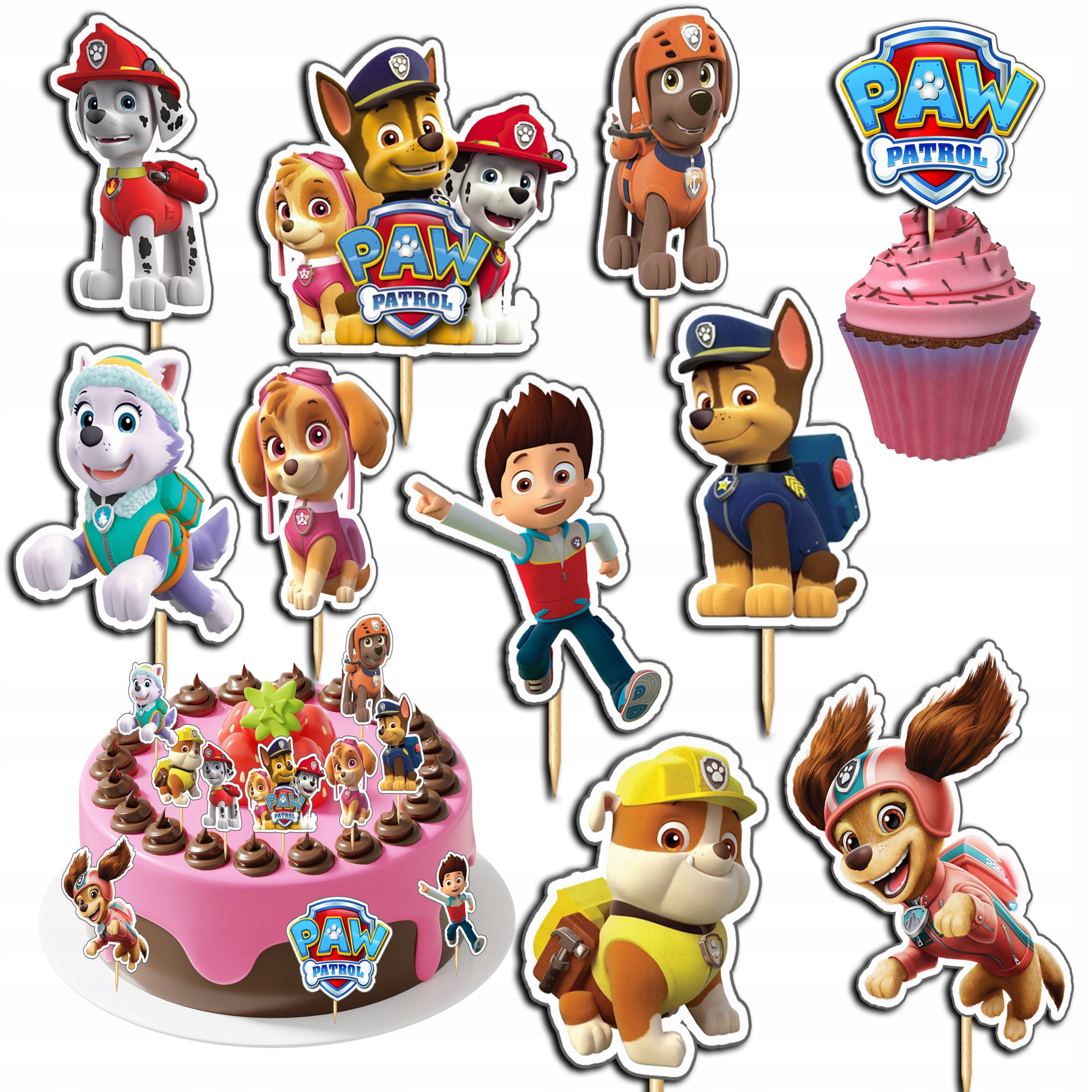 TOPPERY NA TORT (10szt) + duży TOPPER Wszystkiego Najlepszego - PSI PATROL