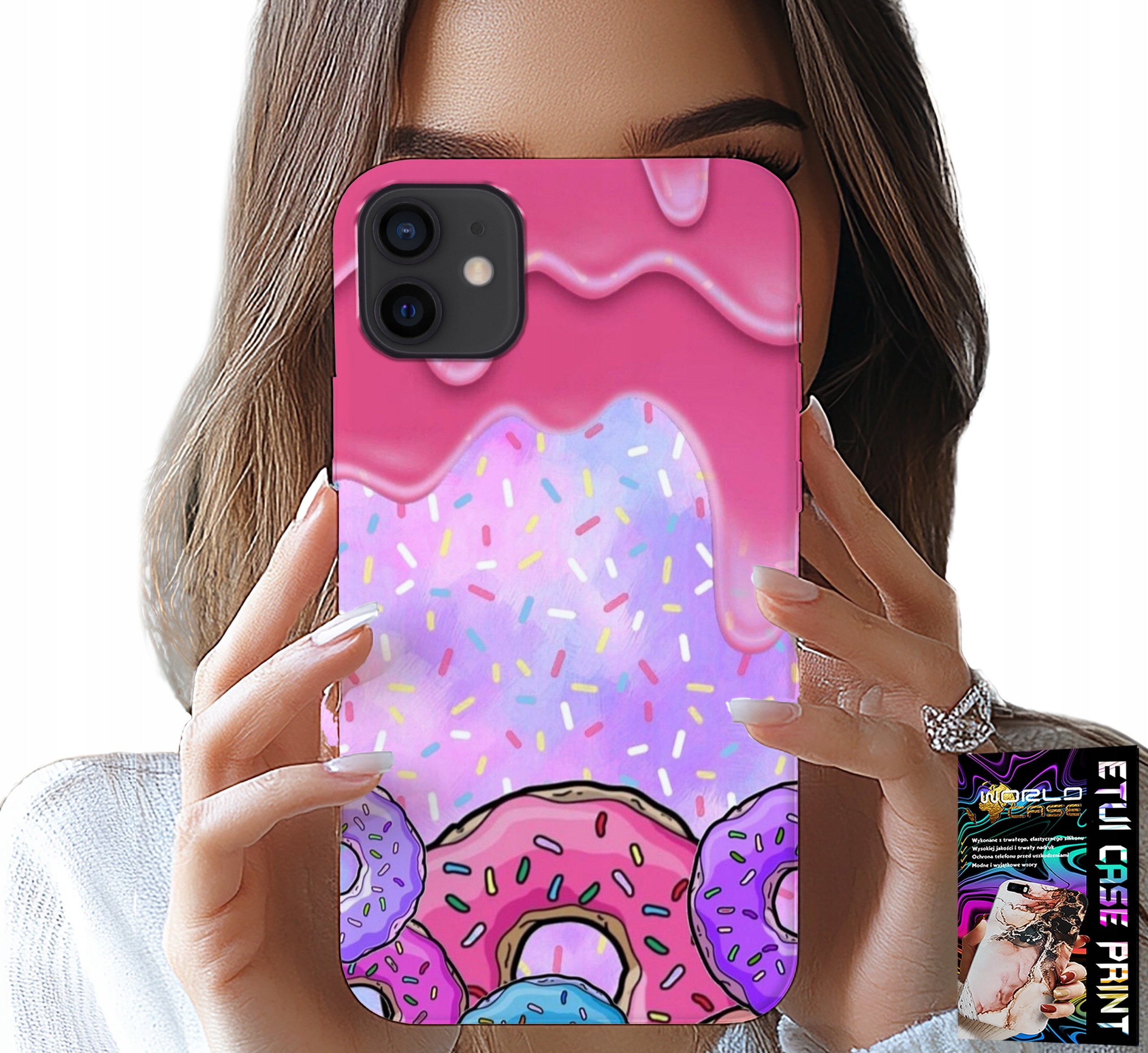 ETUI DO IPHONE 13 MINI - SŁODKIE DONUTY Z LUKREM W TLE + SZKŁO